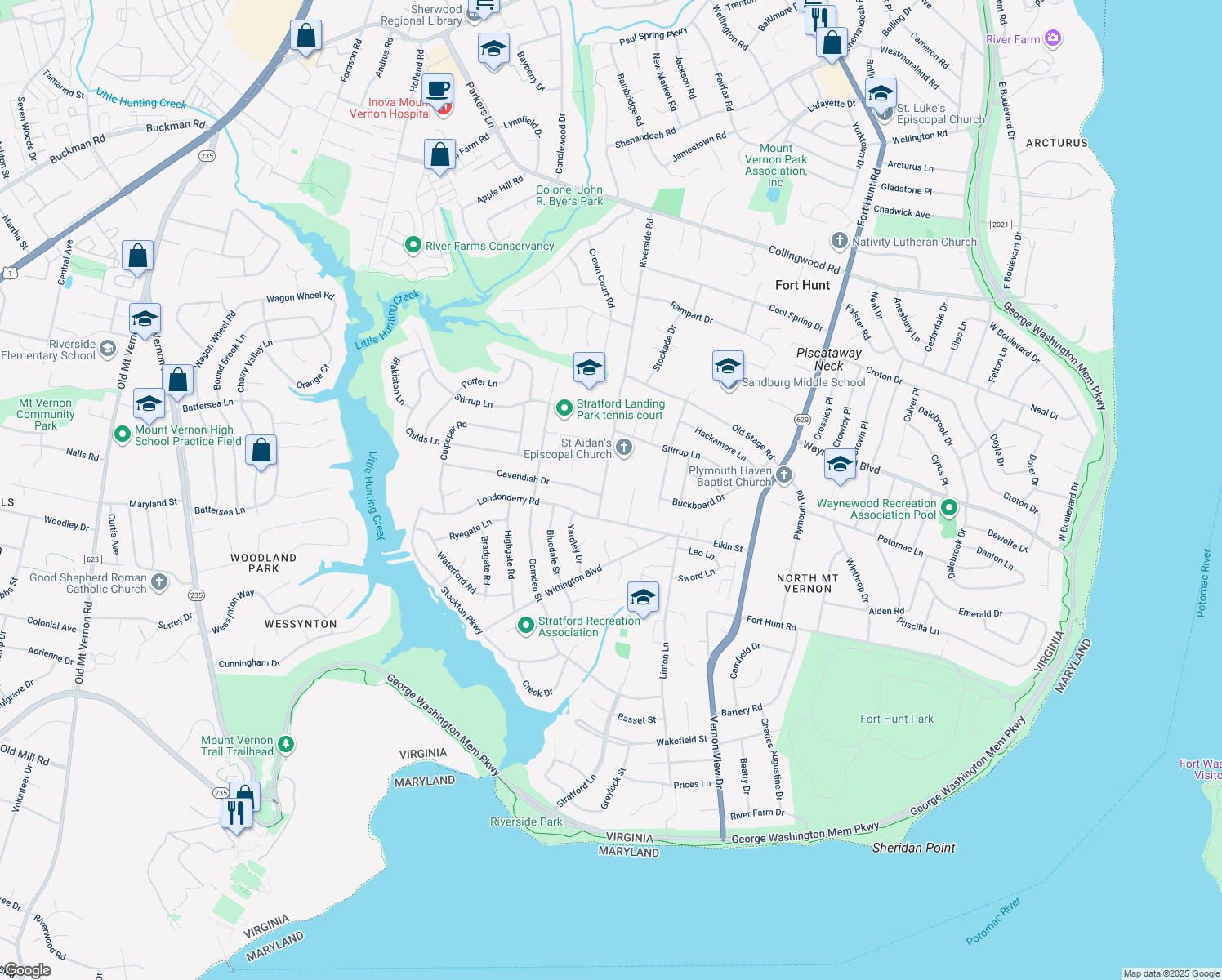 map of restaurants, bars, coffee shops, grocery stores, and more near 8541 Riverside Road in Alexandria