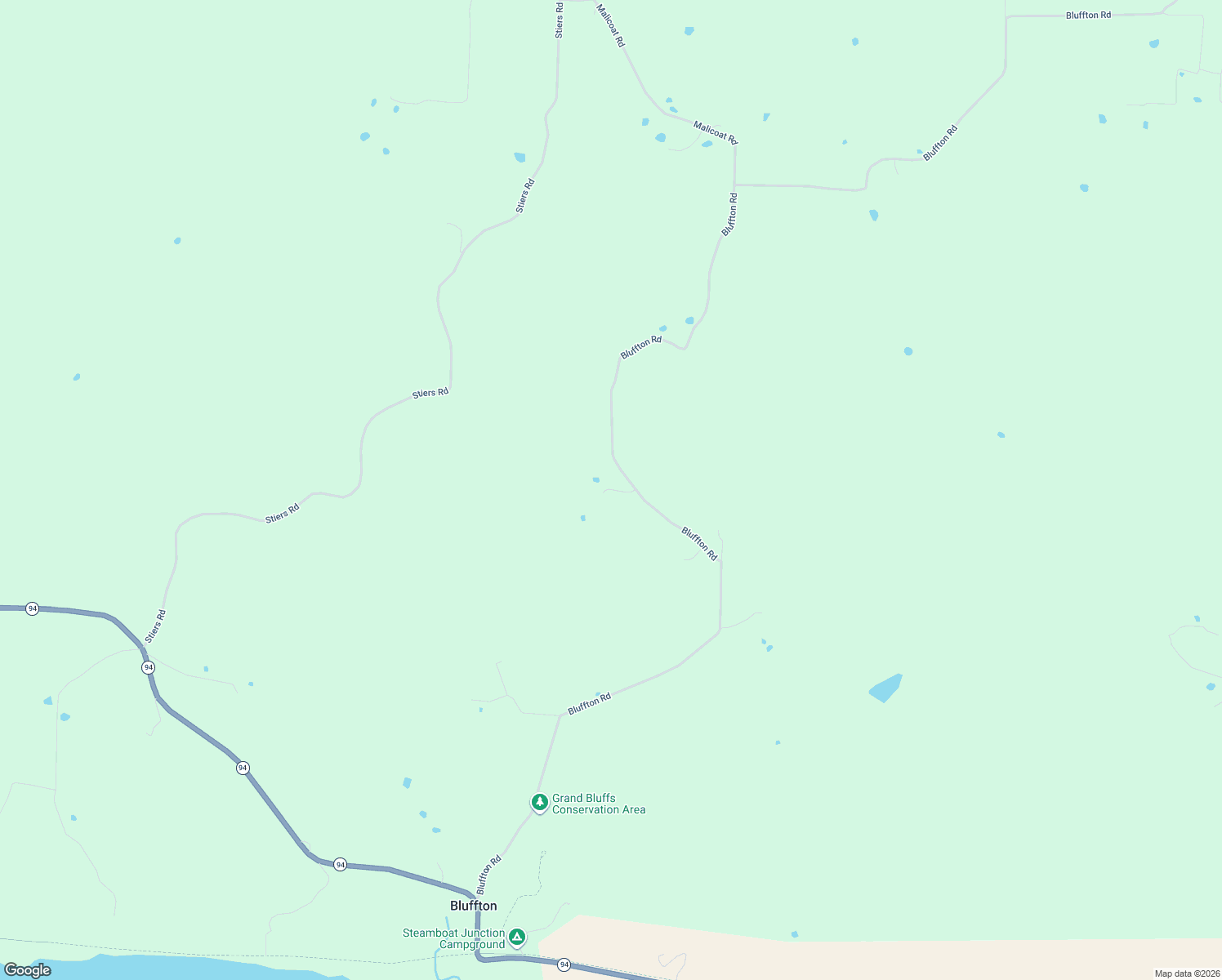 map of restaurants, bars, coffee shops, grocery stores, and more near 554 Bluffton Road in Rhineland