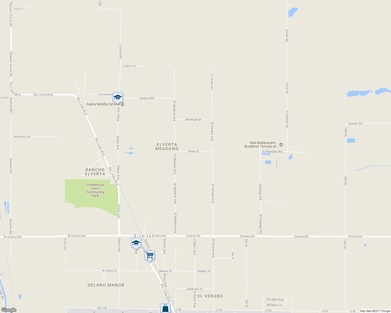 map of restaurants, bars, coffee shops, grocery stores, and more near 504 Adair Street in Elverta