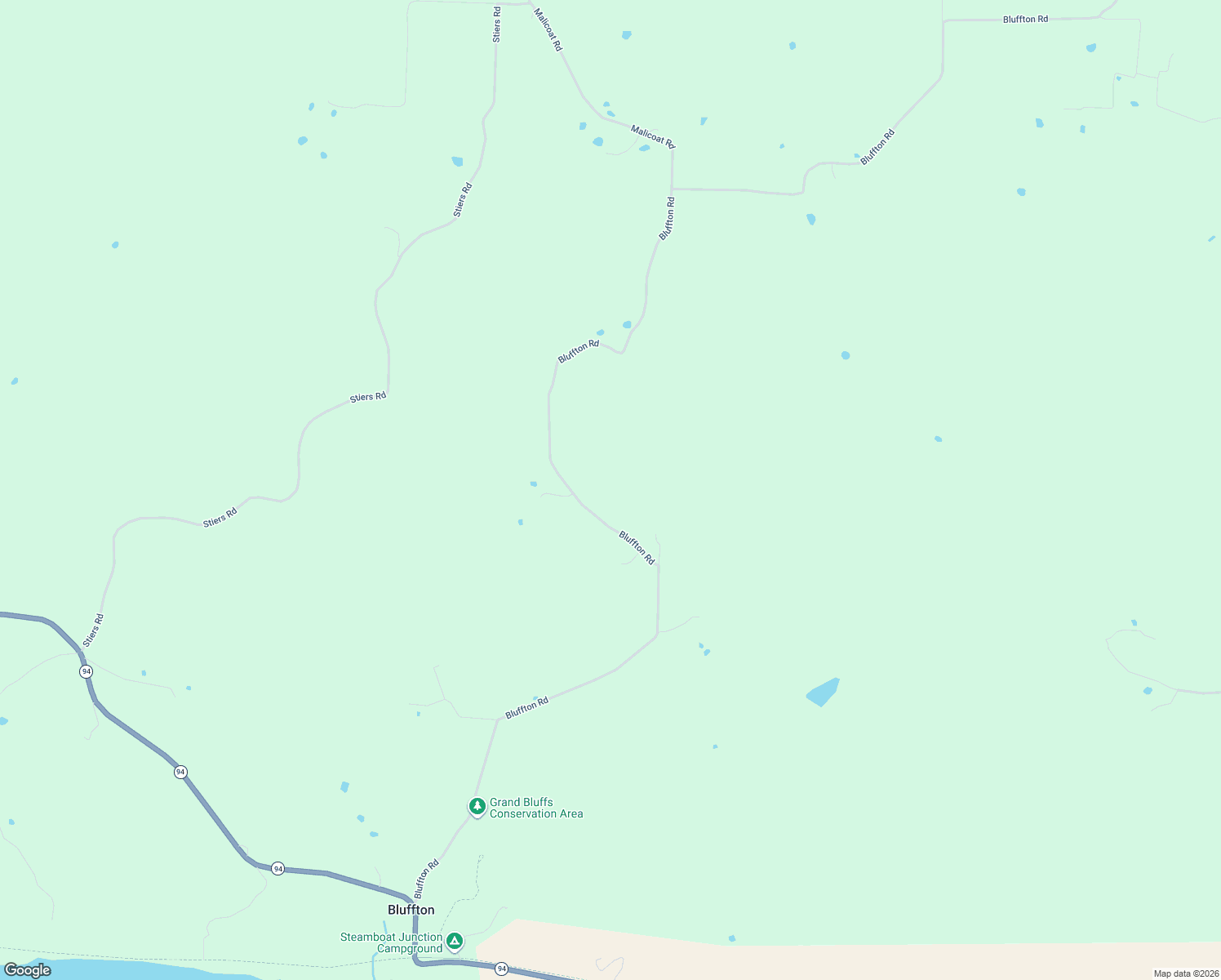 map of restaurants, bars, coffee shops, grocery stores, and more near 554 Bluffton Road in Rhineland