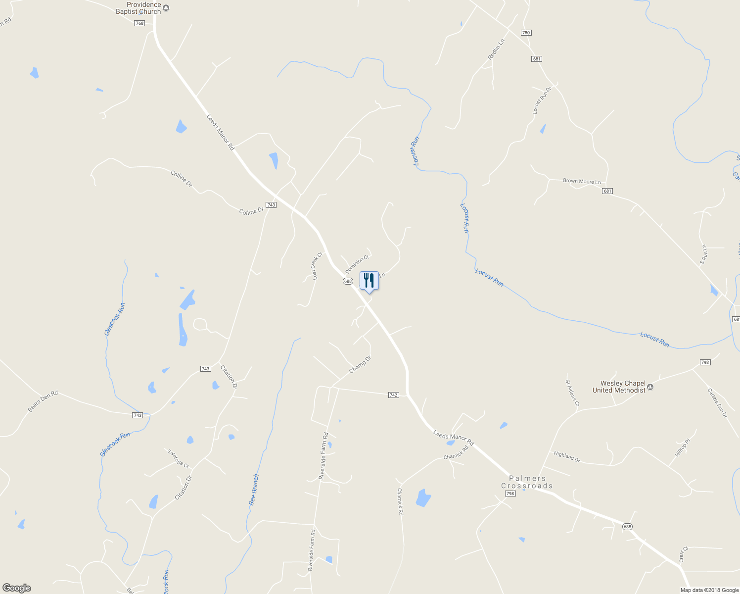 map of restaurants, bars, coffee shops, grocery stores, and more near 7567 Leeds Manor Road in Marshall