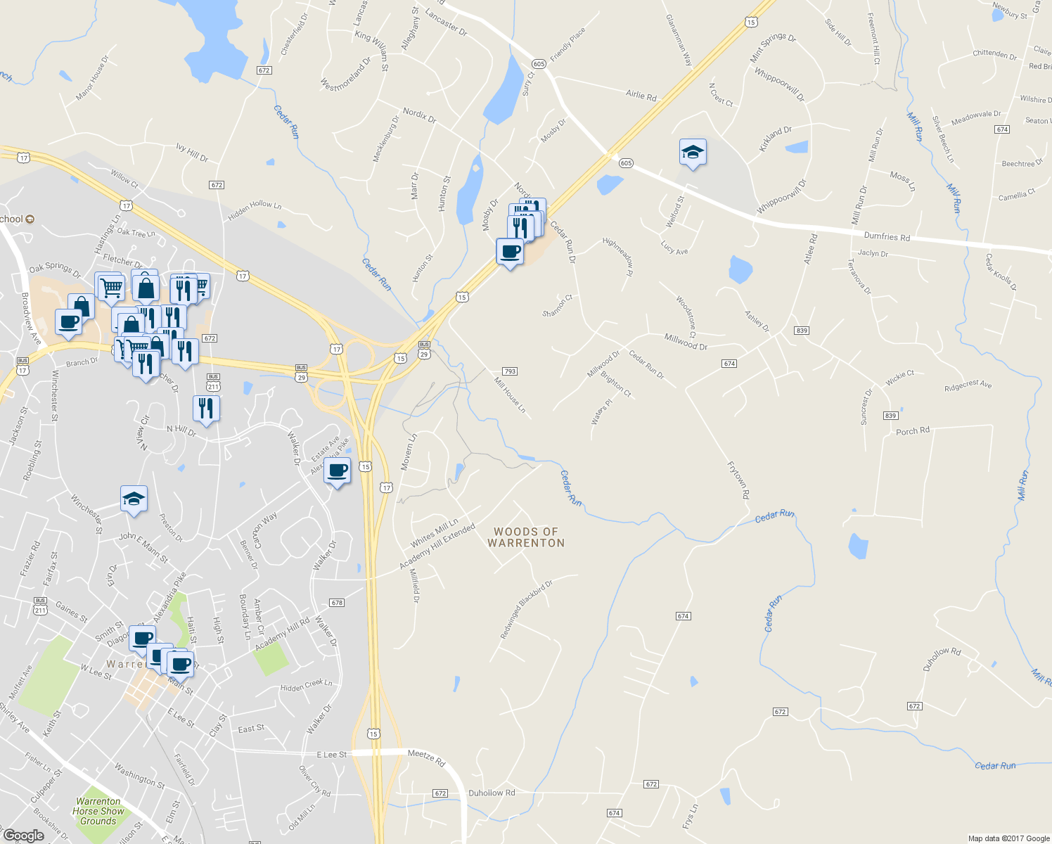 map of restaurants, bars, coffee shops, grocery stores, and more near 7488 Mill House Lane in Warrenton