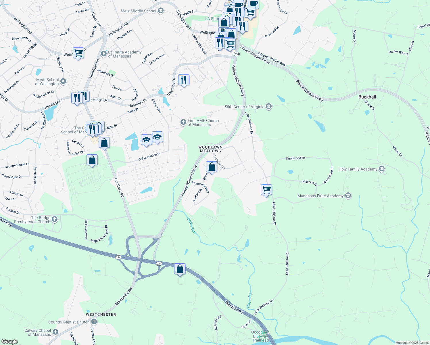 map of restaurants, bars, coffee shops, grocery stores, and more near 10649 Heron Ridge Court in Manassas