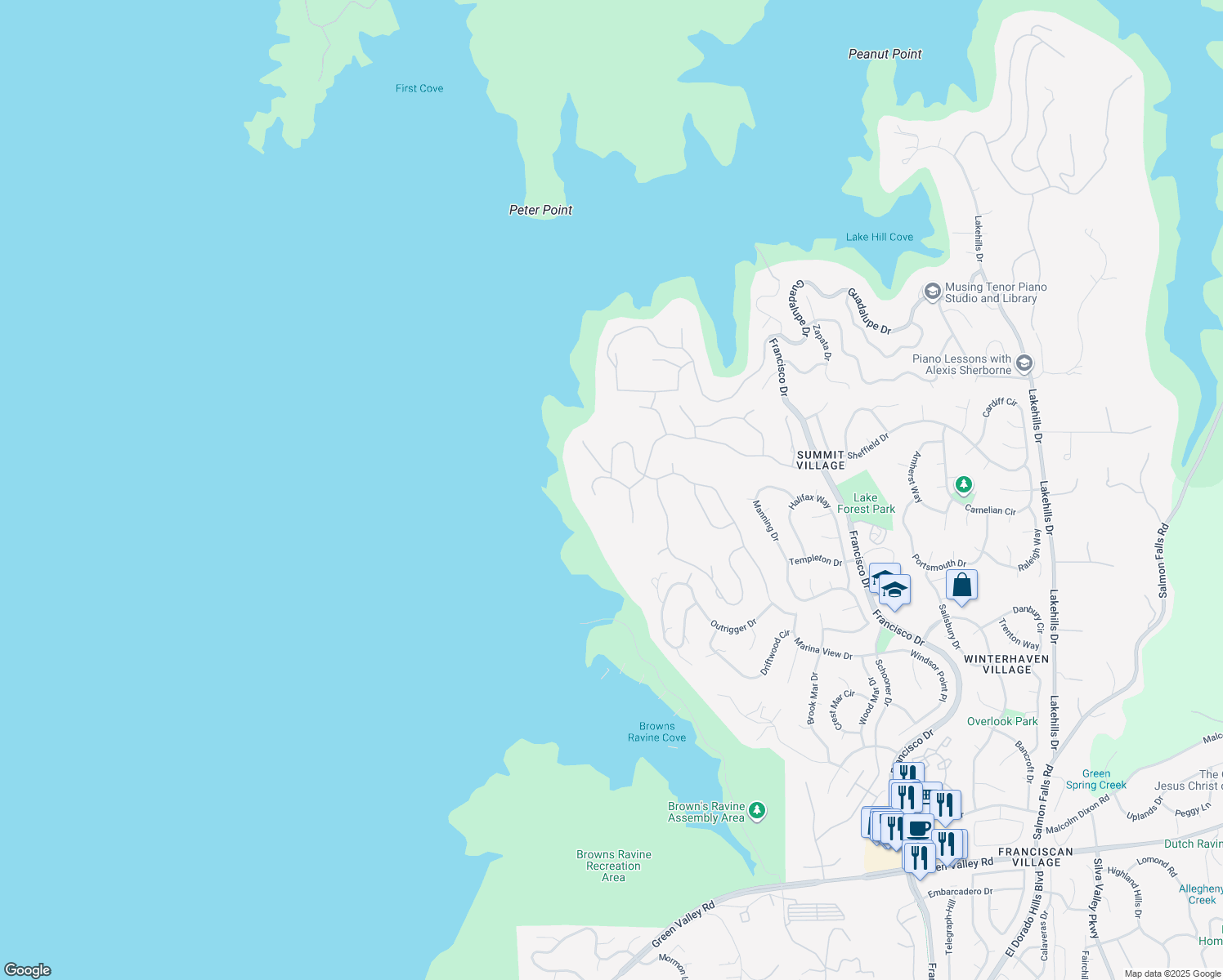 map of restaurants, bars, coffee shops, grocery stores, and more near 2558 Montgomery Place in El Dorado Hills