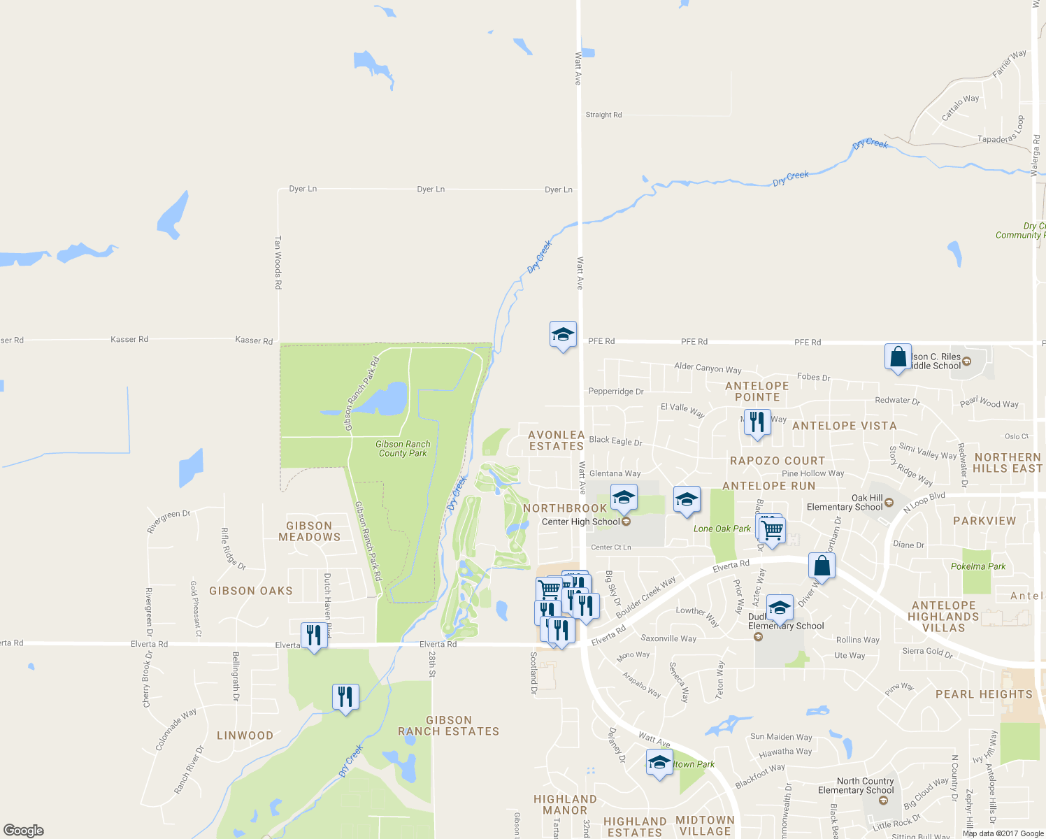 map of restaurants, bars, coffee shops, grocery stores, and more near 8527 Sadie Court in Antelope