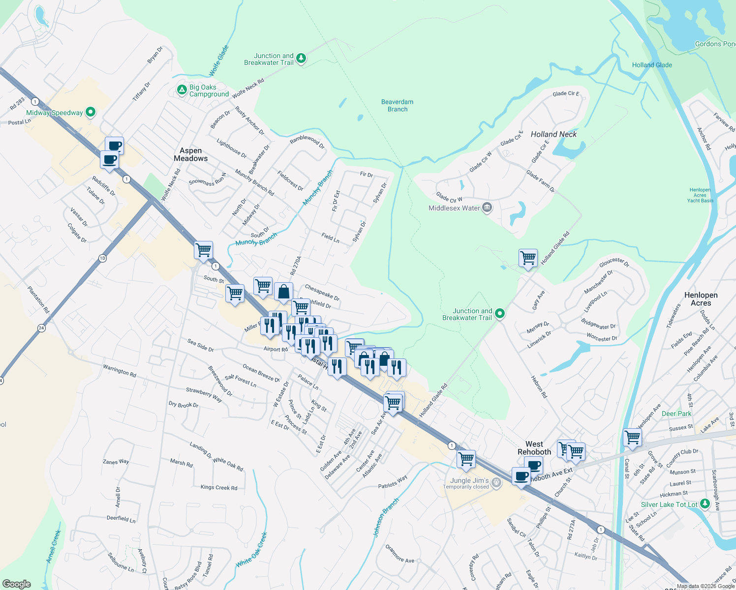 map of restaurants, bars, coffee shops, grocery stores, and more near 36371 Shady Drive in Rehoboth Beach