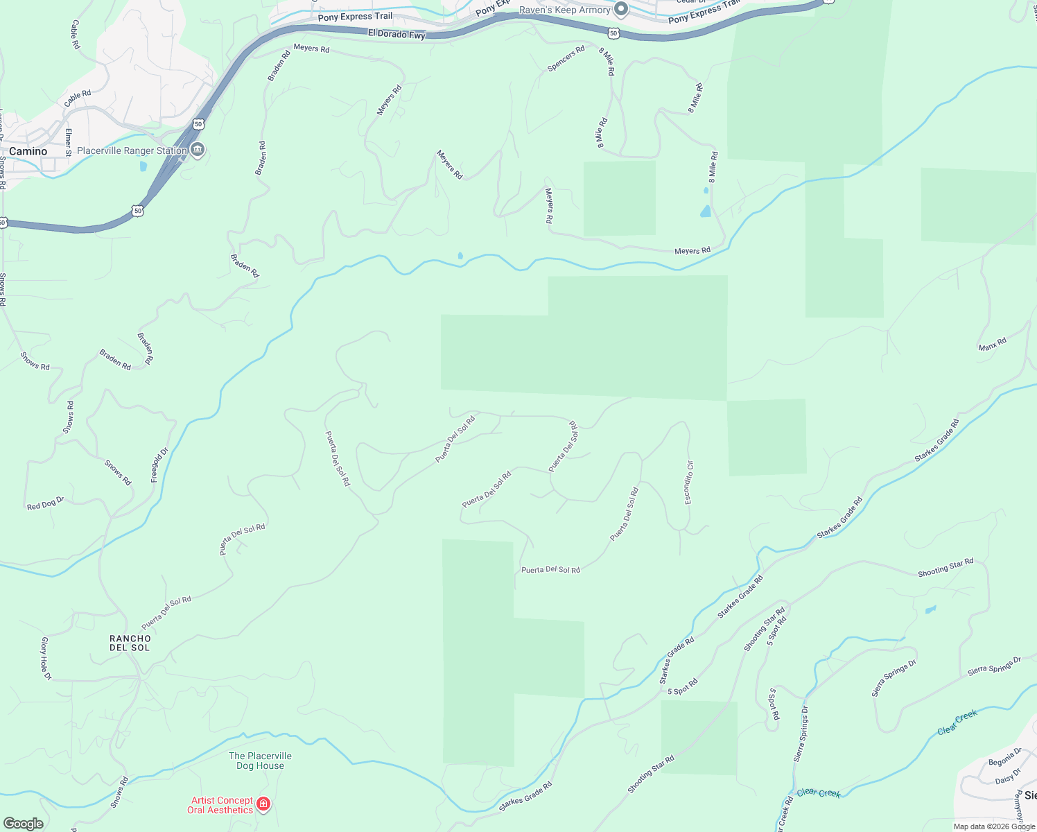 map of restaurants, bars, coffee shops, grocery stores, and more near 5301 Puerta Del Sol Road in Pollock Pines