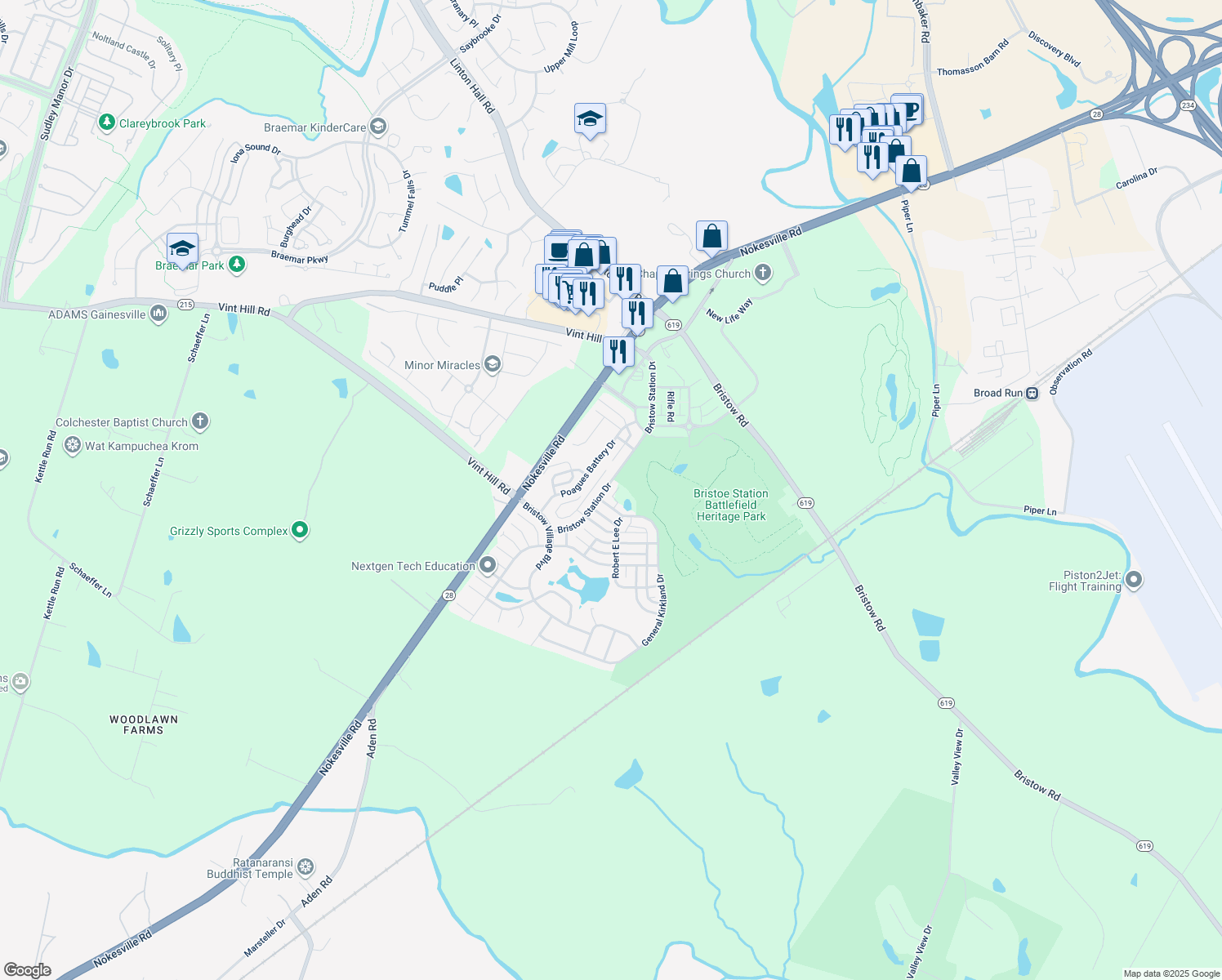 map of restaurants, bars, coffee shops, grocery stores, and more near 10615 Bristow Station Drive in Bristow