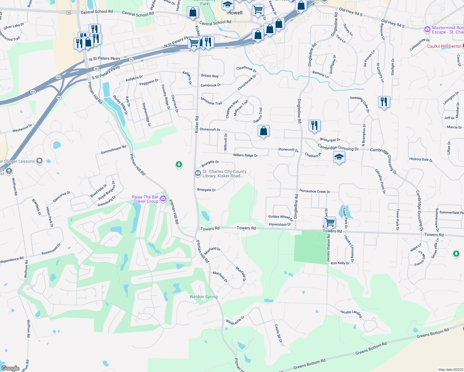 map of restaurants, bars, coffee shops, grocery stores, and more near 8 Sheffield Court in Saint Charles