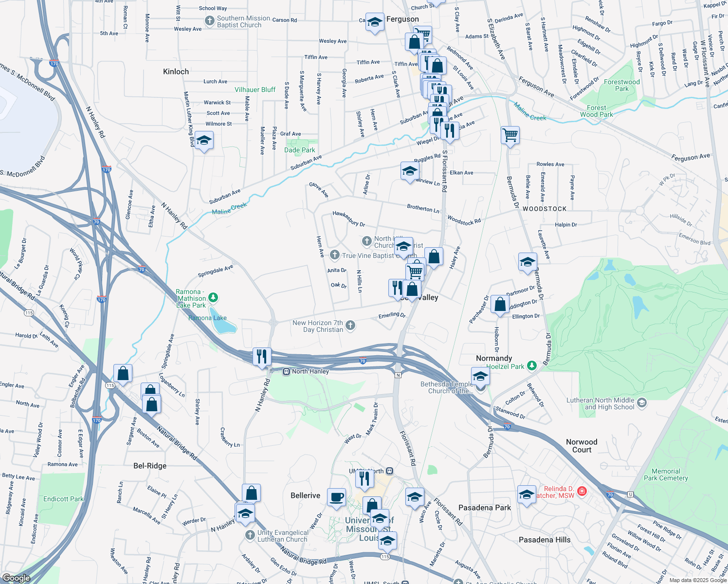 map of restaurants, bars, coffee shops, grocery stores, and more near 4724 North Hills Lane in Saint Louis