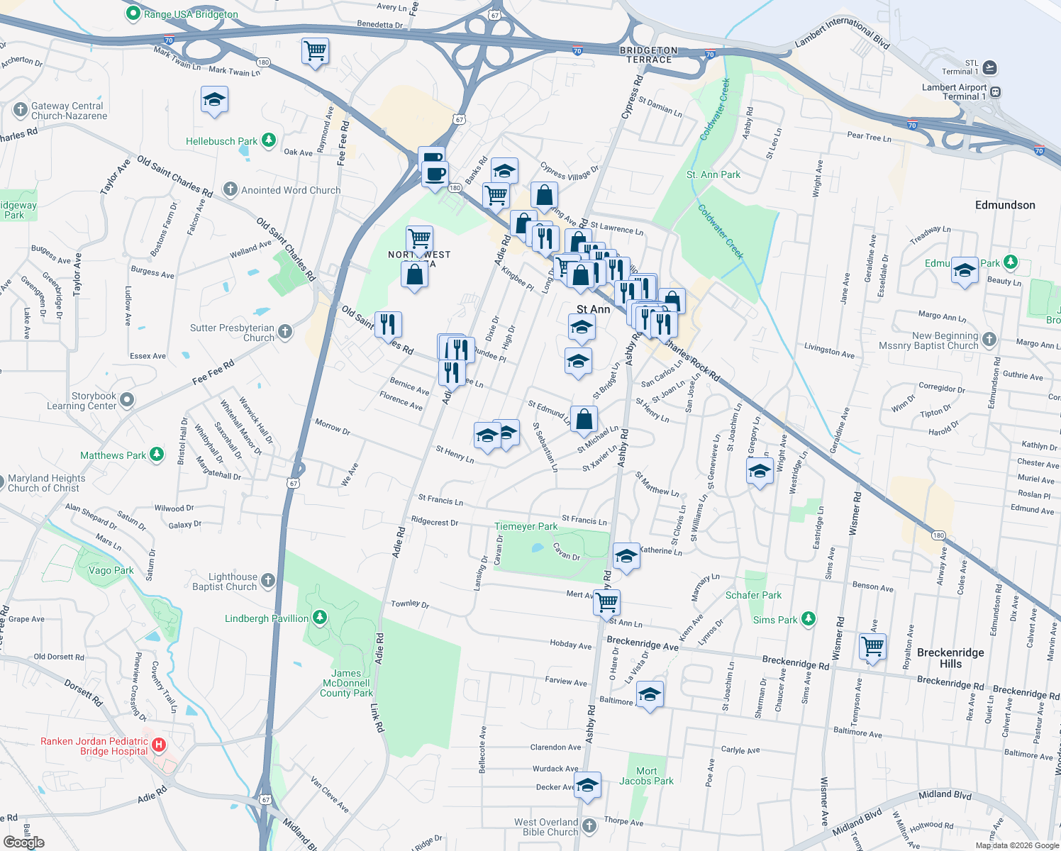 map of restaurants, bars, coffee shops, grocery stores, and more near 3629 Saint Sebastian Lane in Saint Ann
