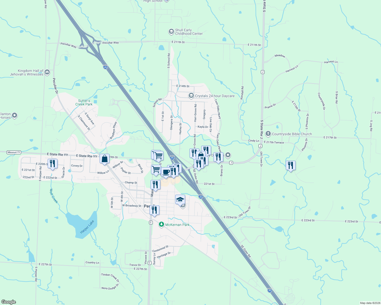 map of restaurants, bars, coffee shops, grocery stores, and more near 721 Harr-Grove in Peculiar