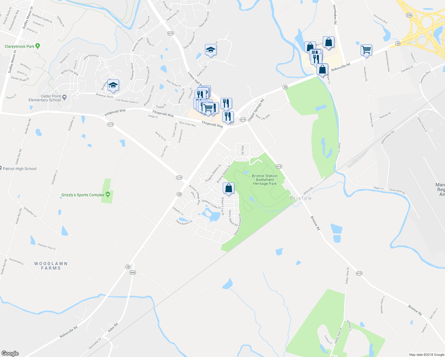 map of restaurants, bars, coffee shops, grocery stores, and more near 10607 Bristow Station Drive in Bristow