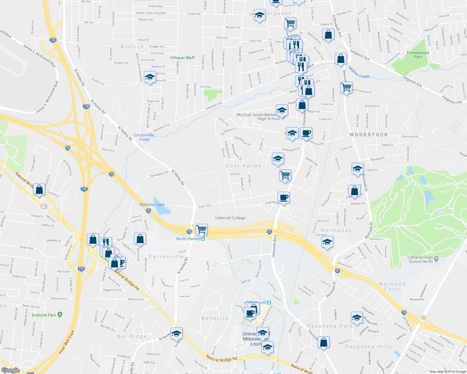 map of restaurants, bars, coffee shops, grocery stores, and more near 4634 Hern Drive in St. Louis