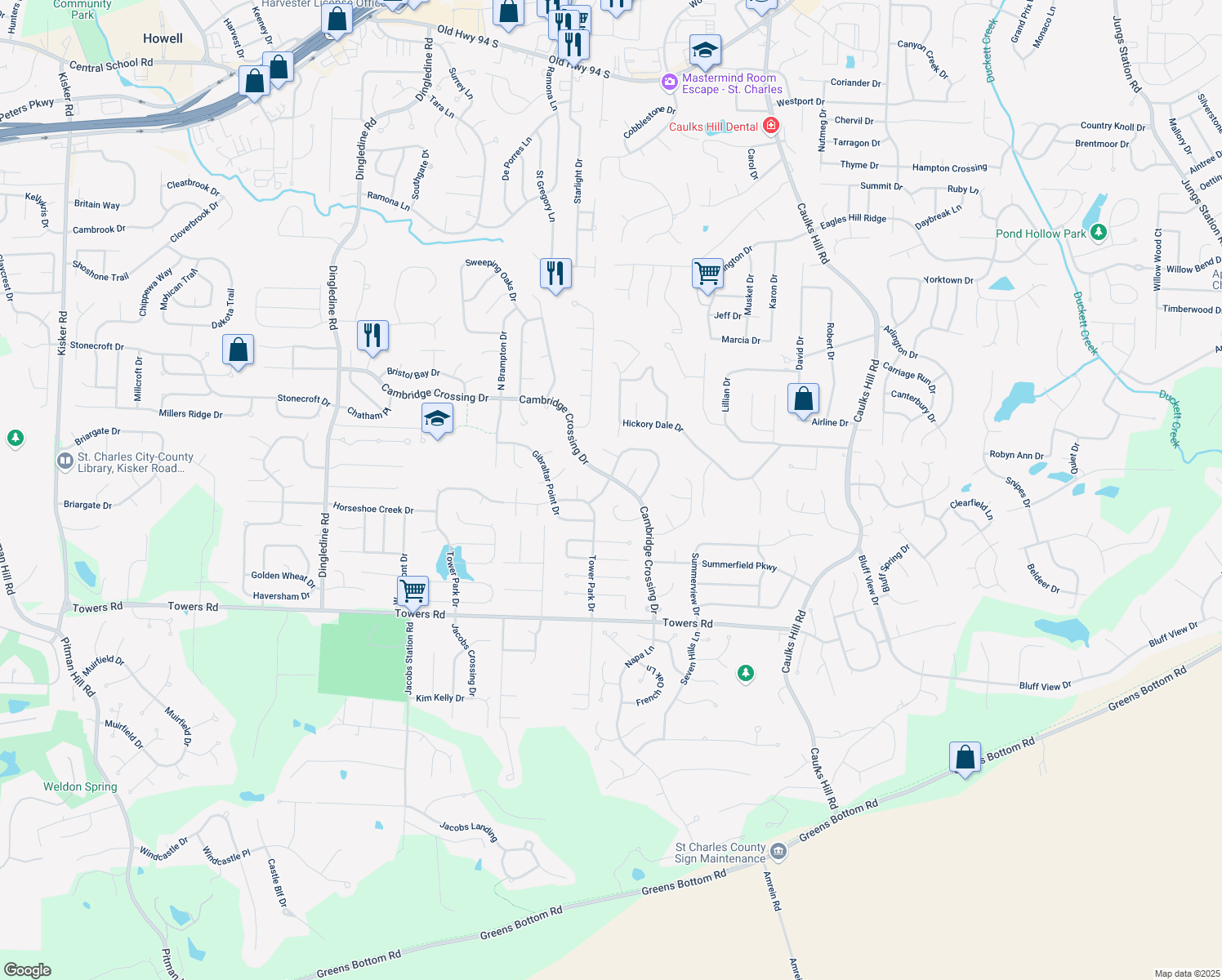 map of restaurants, bars, coffee shops, grocery stores, and more near 989 Lands End Drive in Saint Charles