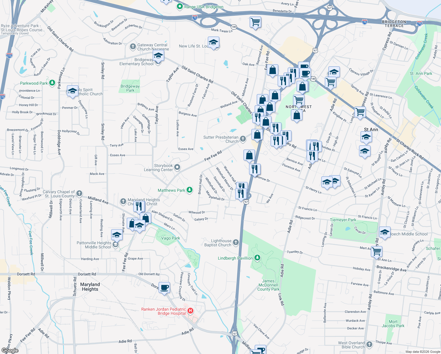 map of restaurants, bars, coffee shops, grocery stores, and more near 11045 Whitehall Manor Dr in Bridgeton