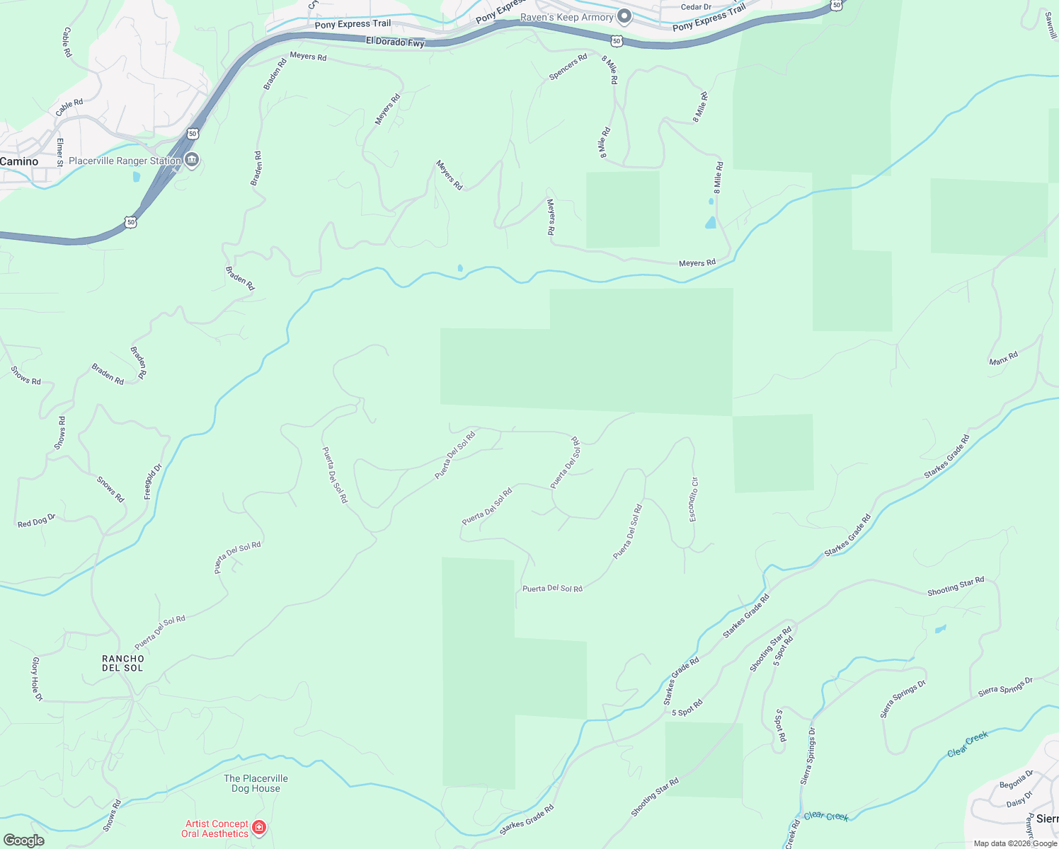 map of restaurants, bars, coffee shops, grocery stores, and more near 5301 Puerta Del Sol Road in Pollock Pines