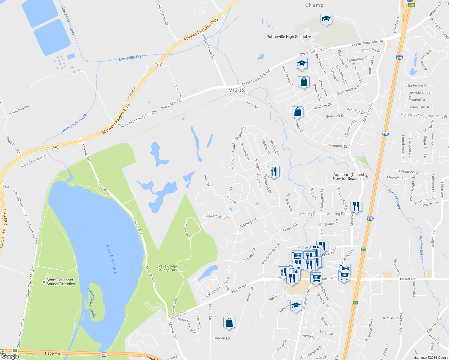 map of restaurants, bars, coffee shops, grocery stores, and more near 12262 Spring Place Court in Maryland Heights