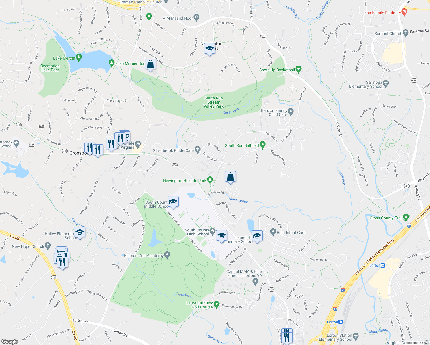 map of restaurants, bars, coffee shops, grocery stores, and more near 8514 Golden Ridge Court in Lorton