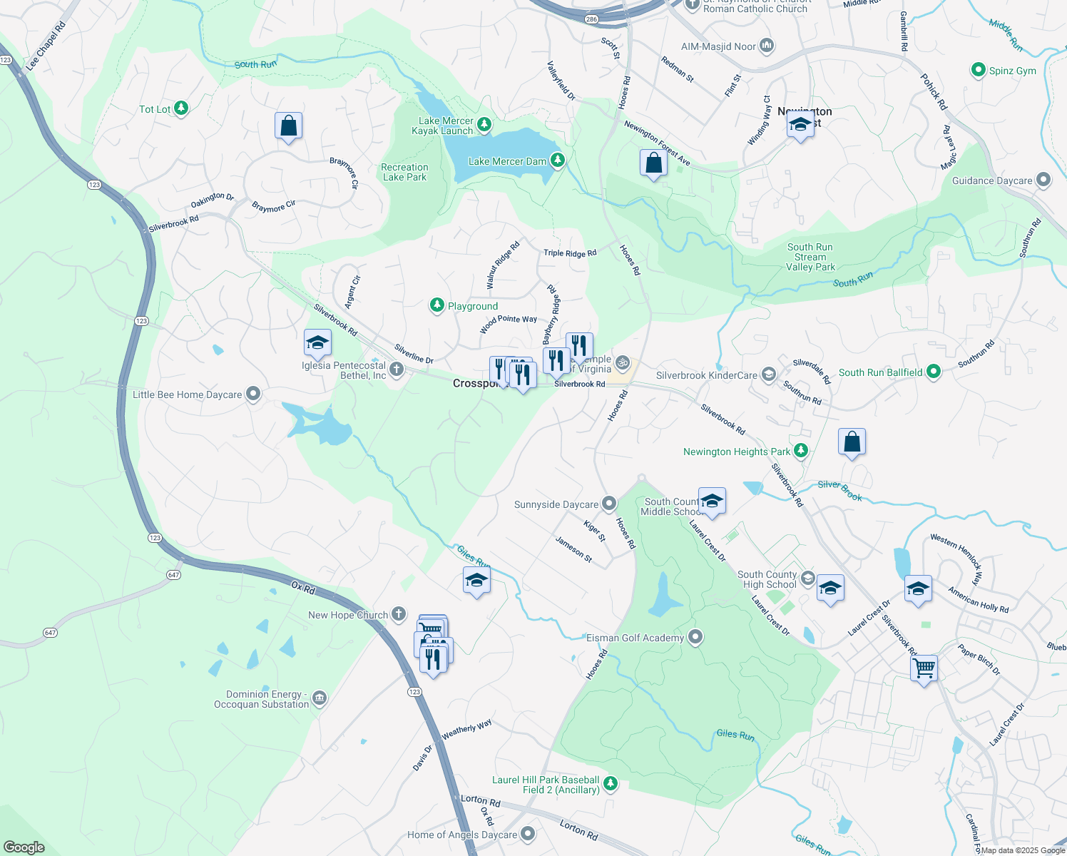 map of restaurants, bars, coffee shops, grocery stores, and more near 8629 Oak Chase Circle in Fairfax Station