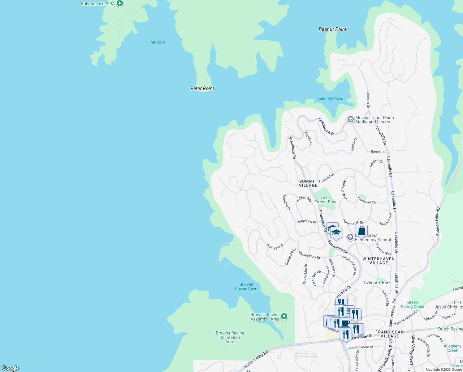 map of restaurants, bars, coffee shops, grocery stores, and more near 2558 Montgomery Place in El Dorado Hills