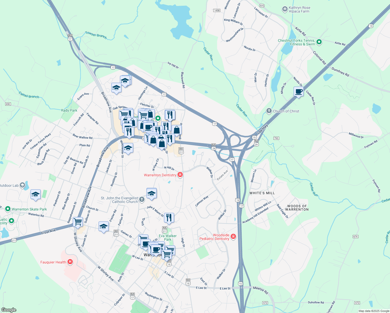 map of restaurants, bars, coffee shops, grocery stores, and more near 524 Highland Towne Lane in Warrenton