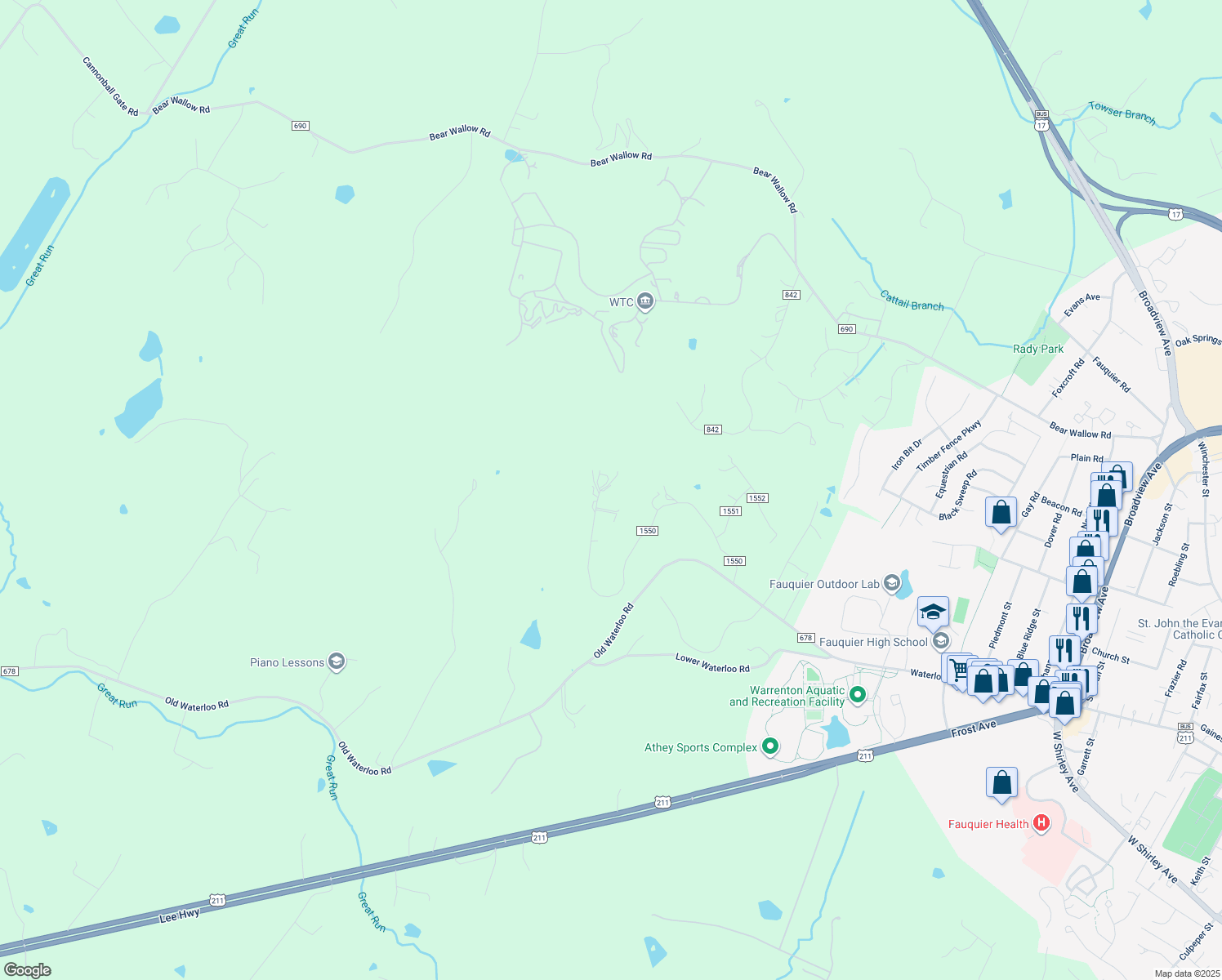 map of restaurants, bars, coffee shops, grocery stores, and more near 7978 Wellington Drive in Warrenton