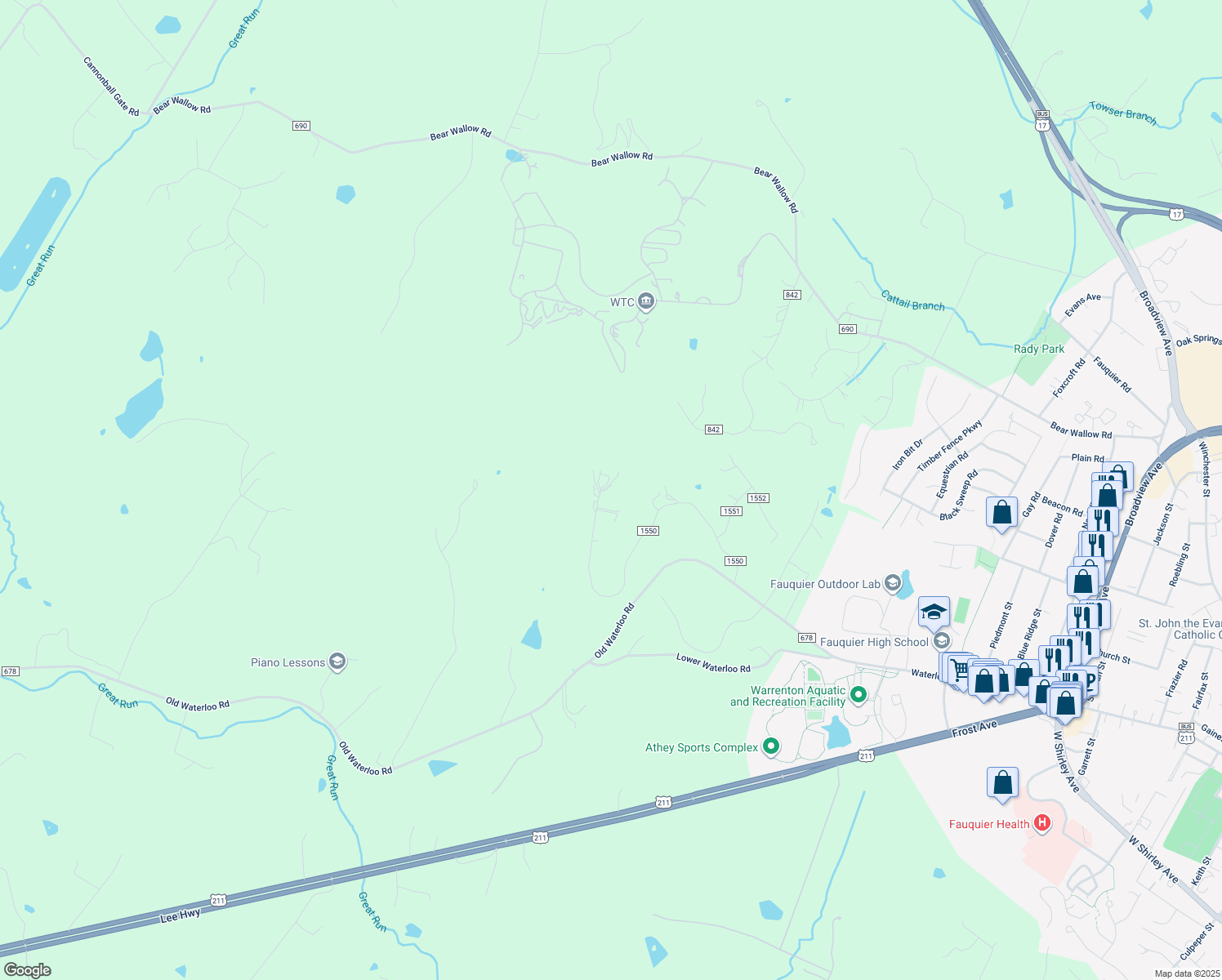 map of restaurants, bars, coffee shops, grocery stores, and more near 7978 Wellington Drive in Warrenton