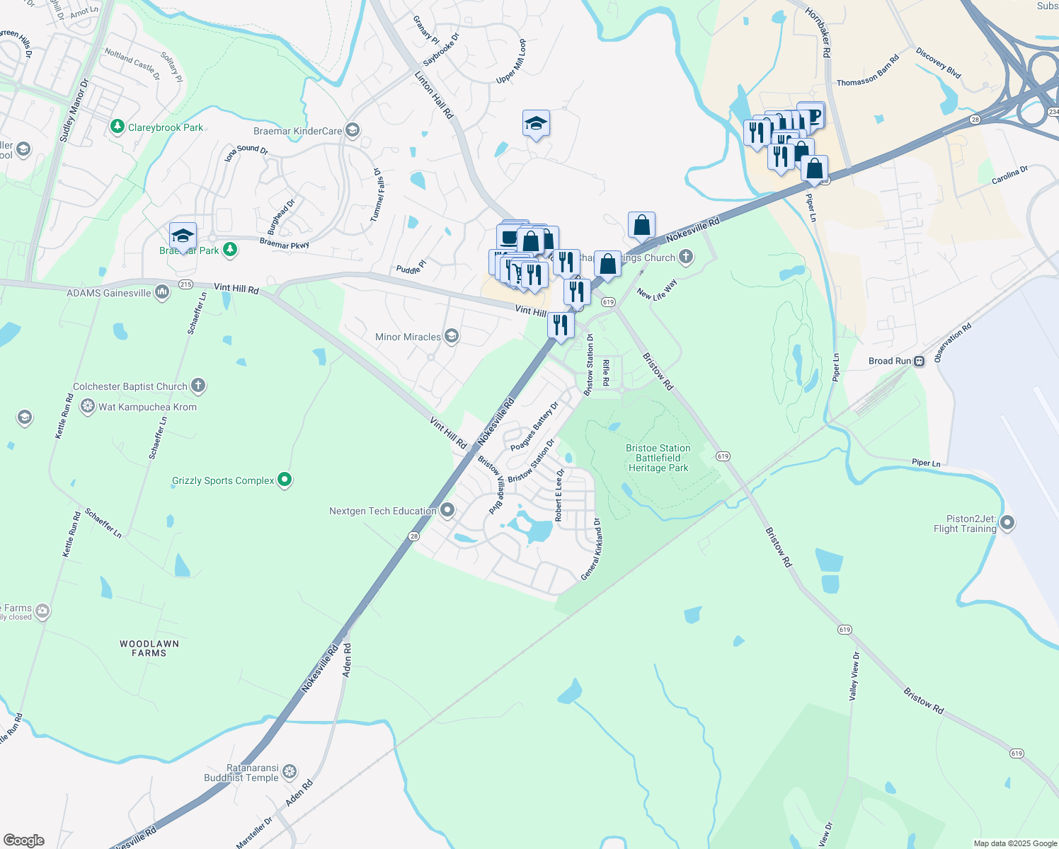 map of restaurants, bars, coffee shops, grocery stores, and more near 11904 Ricketts Battery Drive in Bristow