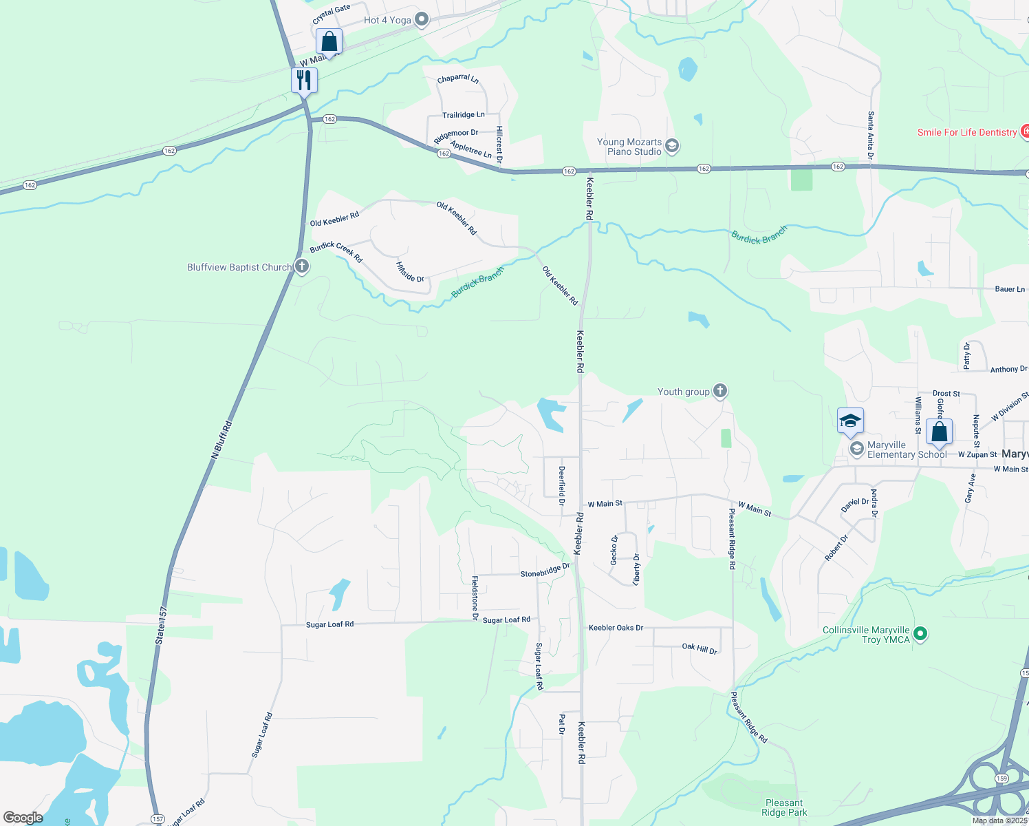 map of restaurants, bars, coffee shops, grocery stores, and more near 2878 Woodfield Drive in Maryville