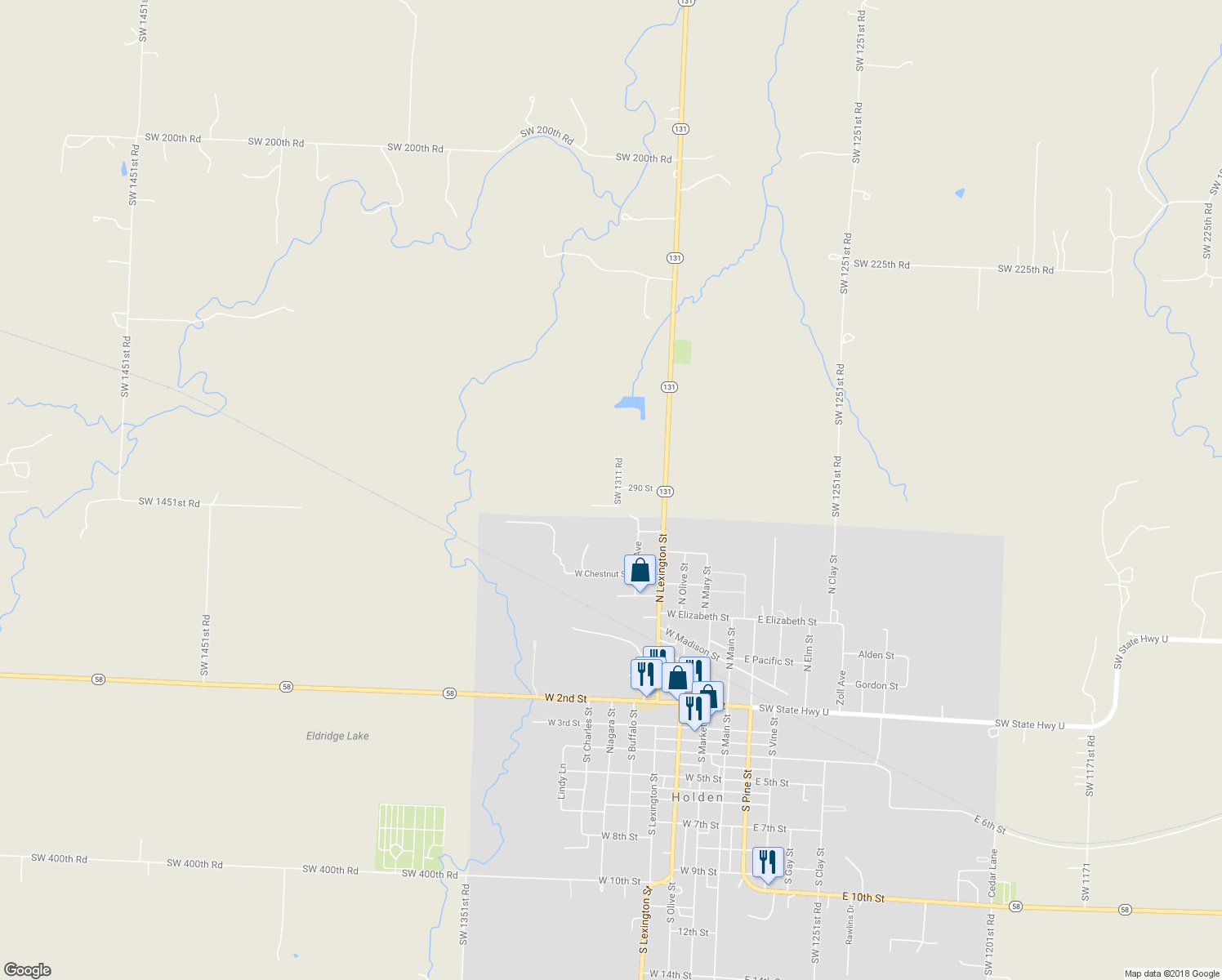 map of restaurants, bars, coffee shops, grocery stores, and more near 290 Southwest 1311 Road in Holden