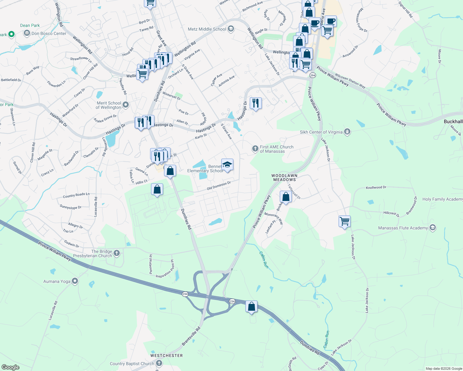 map of restaurants, bars, coffee shops, grocery stores, and more near 8805 Old Dominion Drive in Manassas