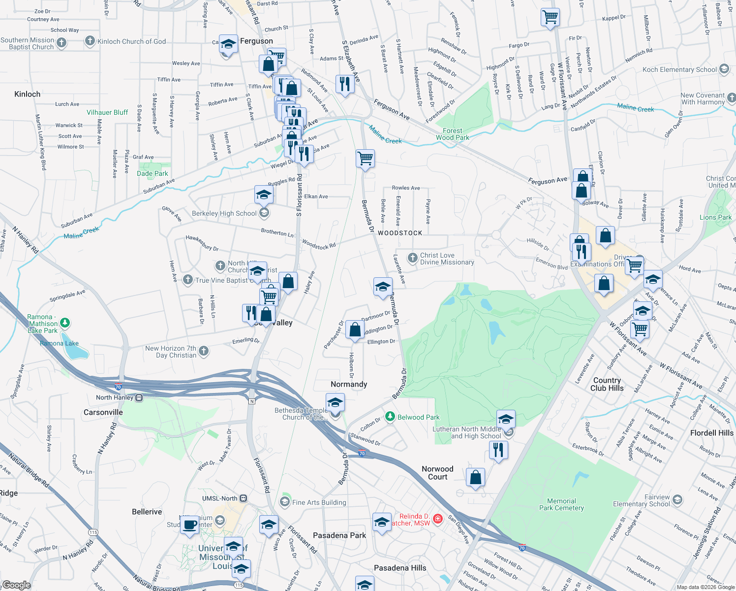 map of restaurants, bars, coffee shops, grocery stores, and more near 5901 Annex Court in Saint Louis