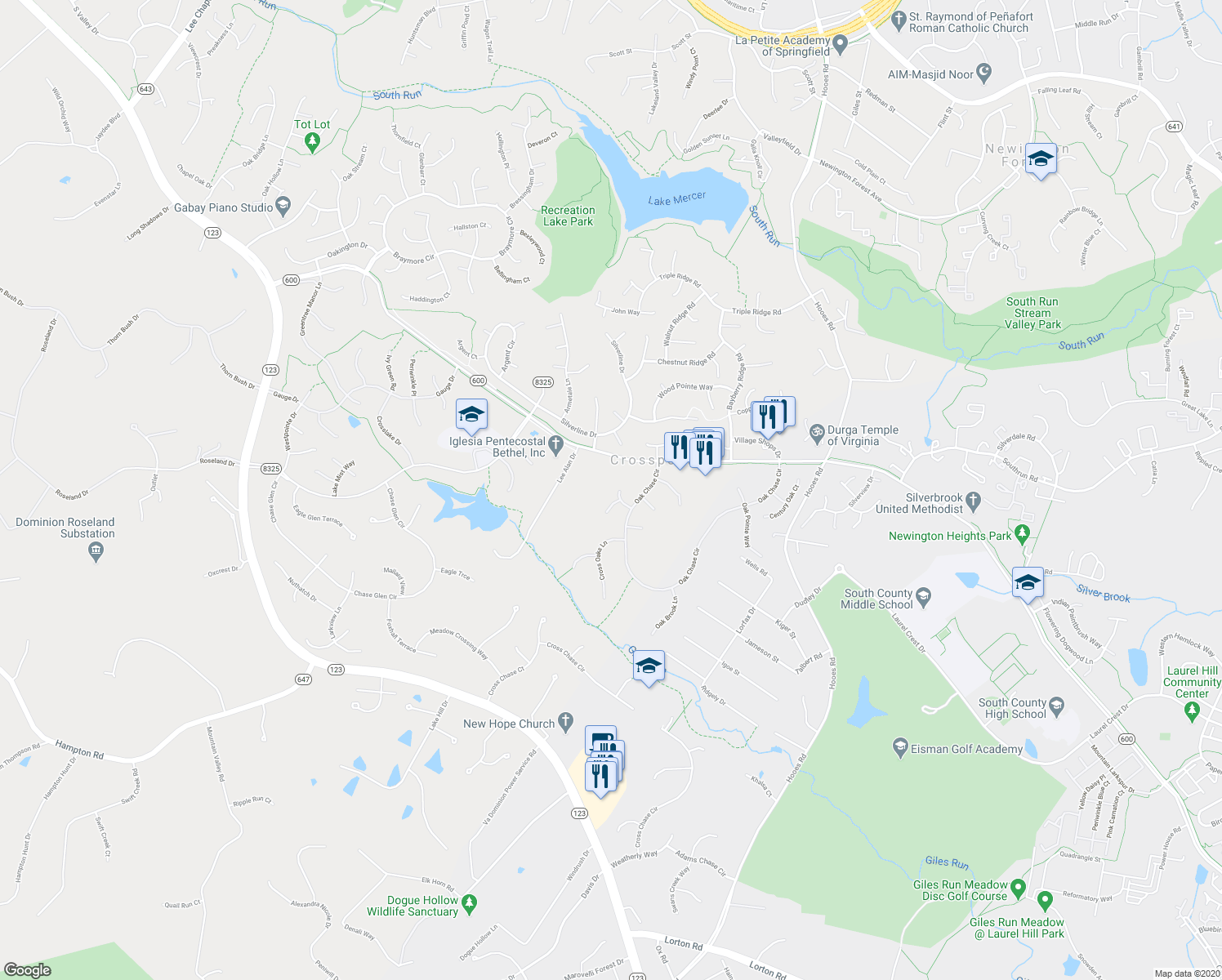 map of restaurants, bars, coffee shops, grocery stores, and more near 9117 Oak Chase Ct in Fairfax Station
