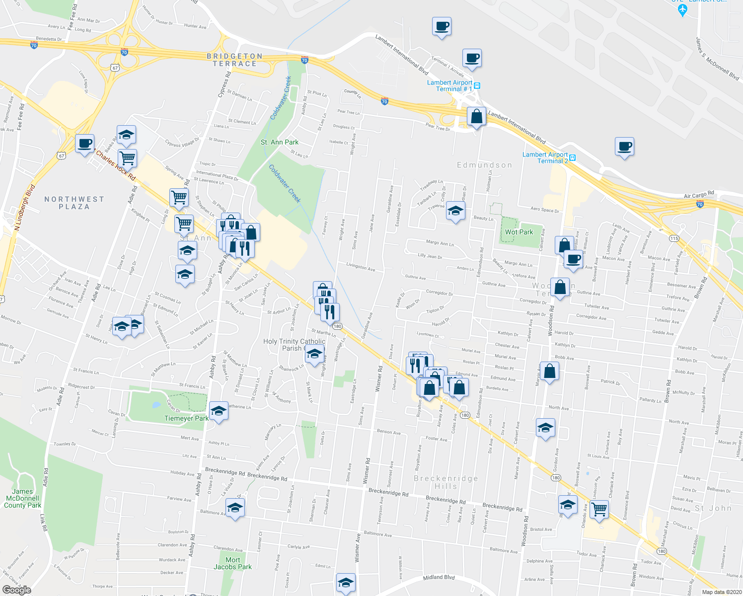 map of restaurants, bars, coffee shops, grocery stores, and more near 3825 Geraldine Avenue in Saint Ann