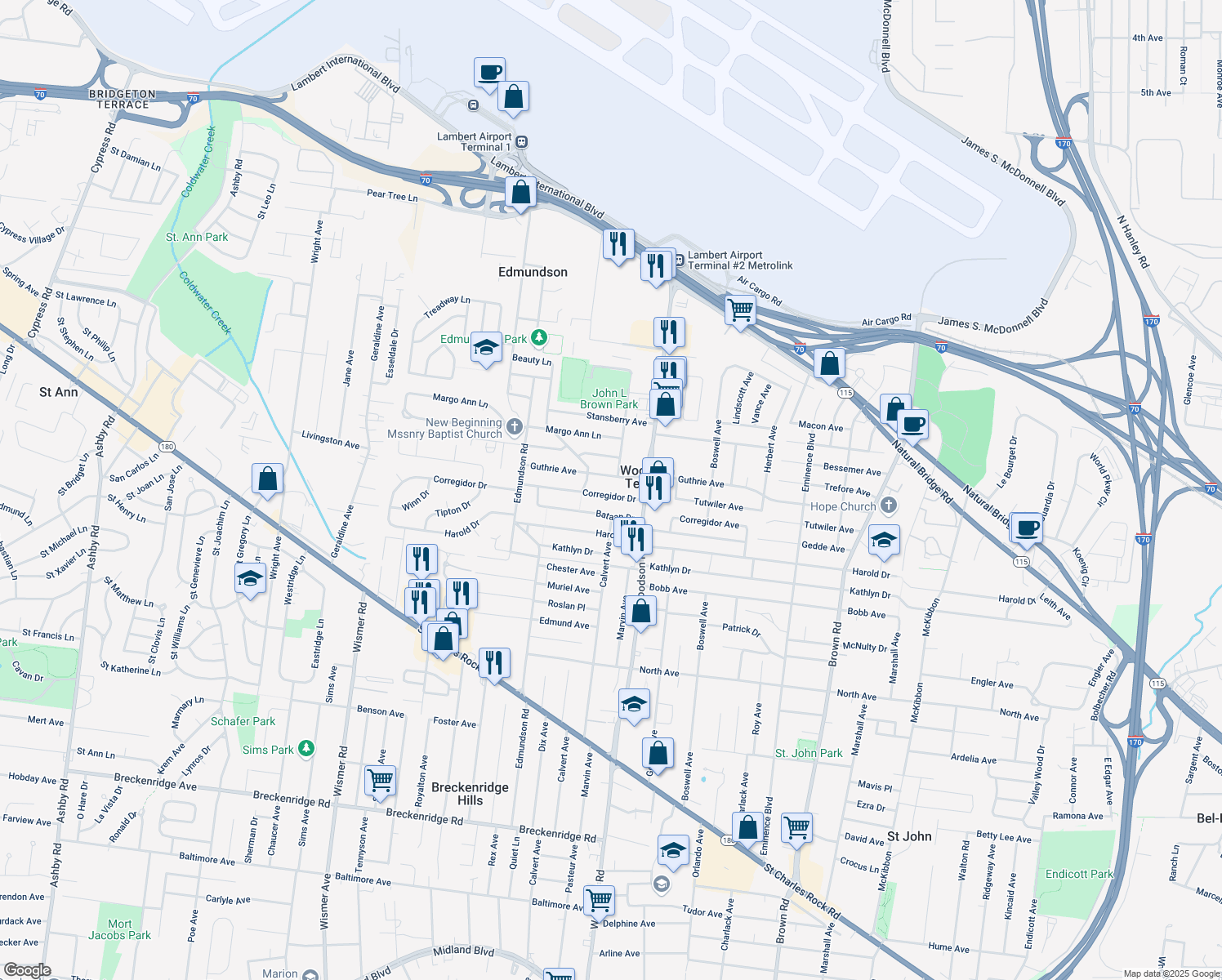 map of restaurants, bars, coffee shops, grocery stores, and more near 9403 Corregidor Drive in St. Louis