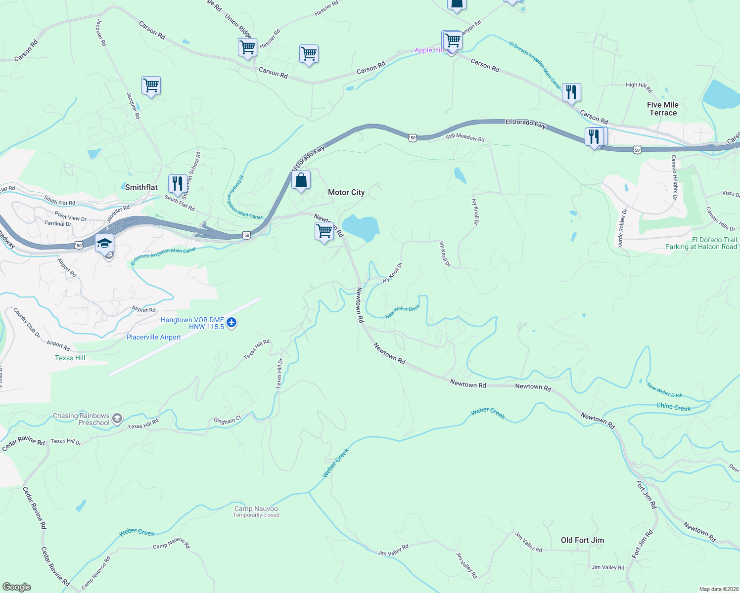 map of restaurants, bars, coffee shops, grocery stores, and more near 5120 Mining Brook Court in Placerville