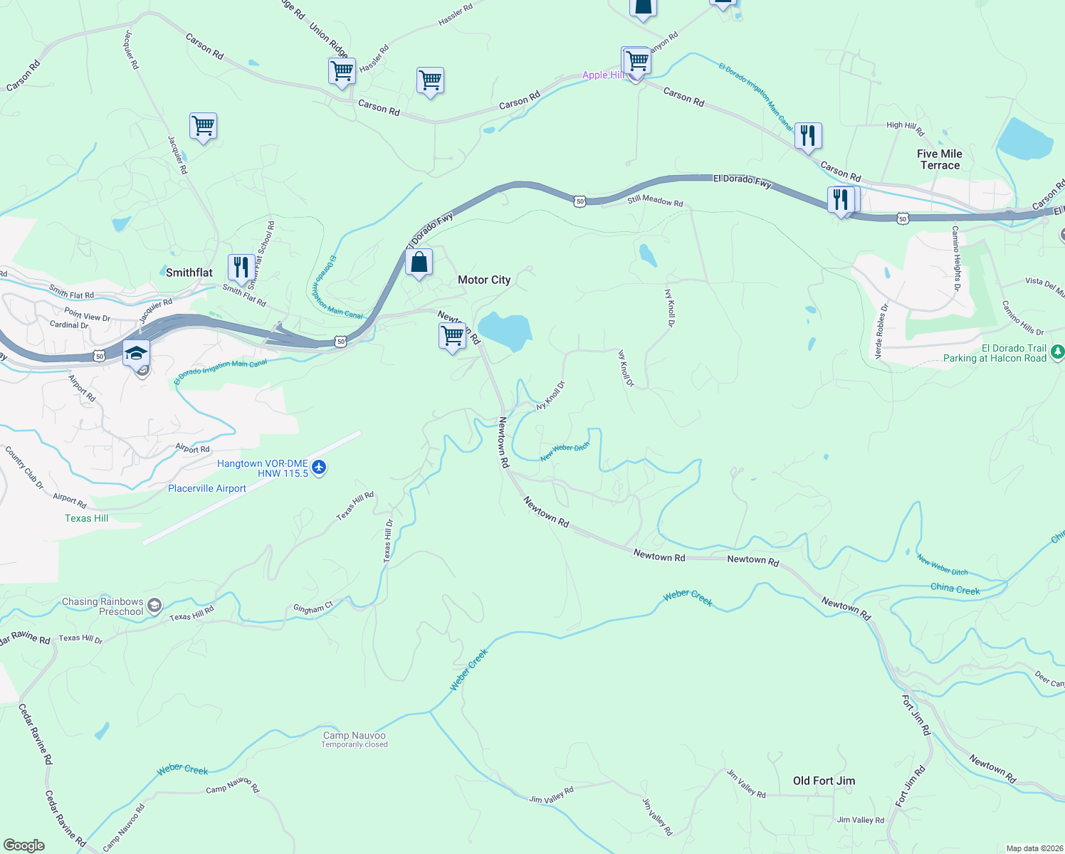 map of restaurants, bars, coffee shops, grocery stores, and more near 5120 Mining Brook Court in Placerville