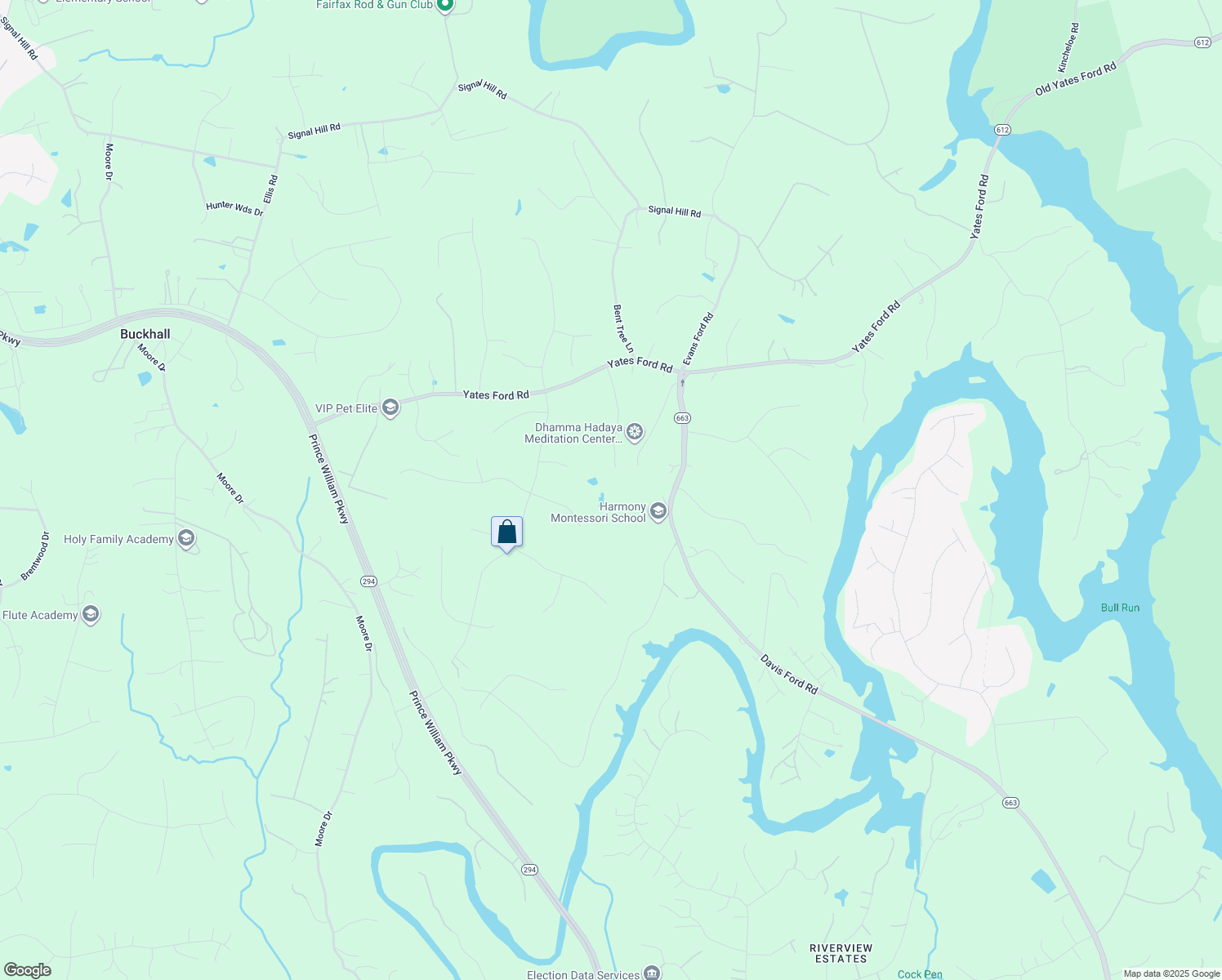 map of restaurants, bars, coffee shops, grocery stores, and more near 6815 Yates Ford Road in Manassas