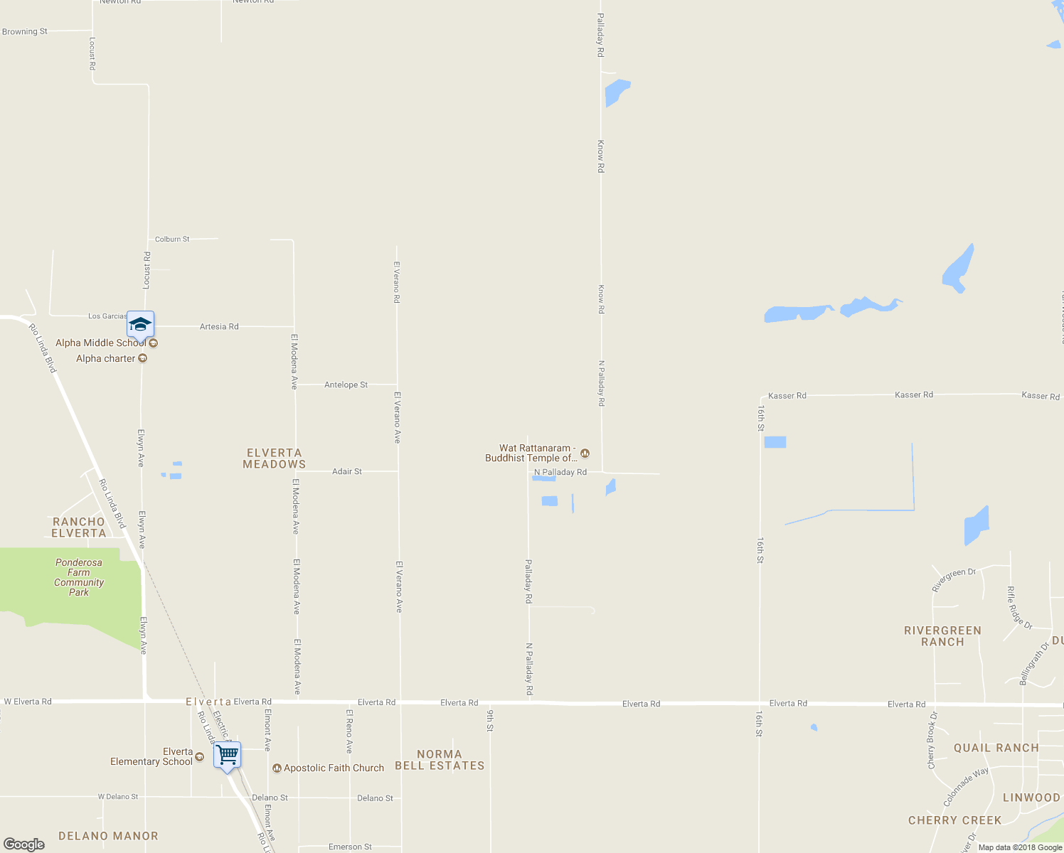 map of restaurants, bars, coffee shops, grocery stores, and more near 8730 Palladay Road in Elverta