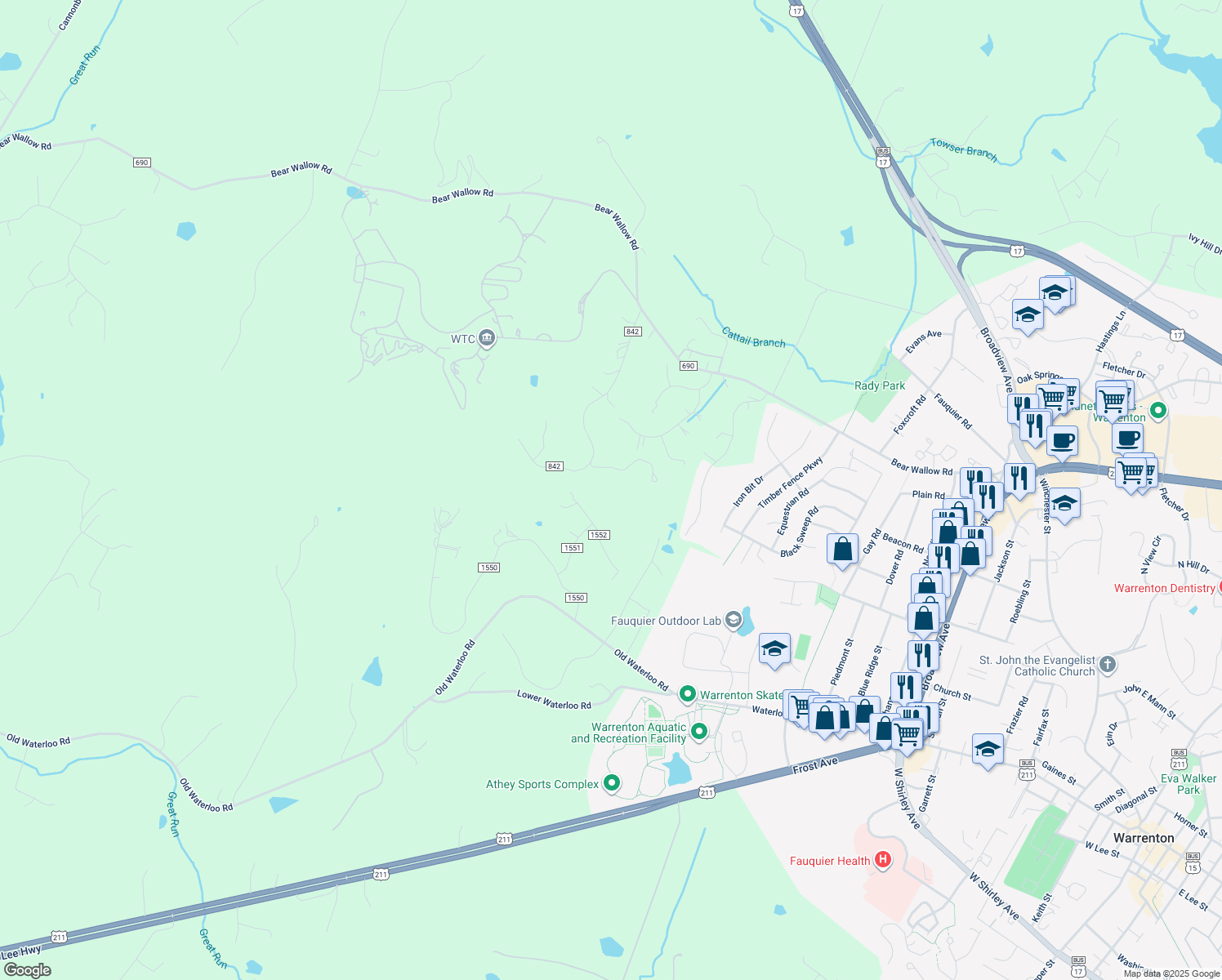 map of restaurants, bars, coffee shops, grocery stores, and more near 7459 View Tree Turn in Warrenton