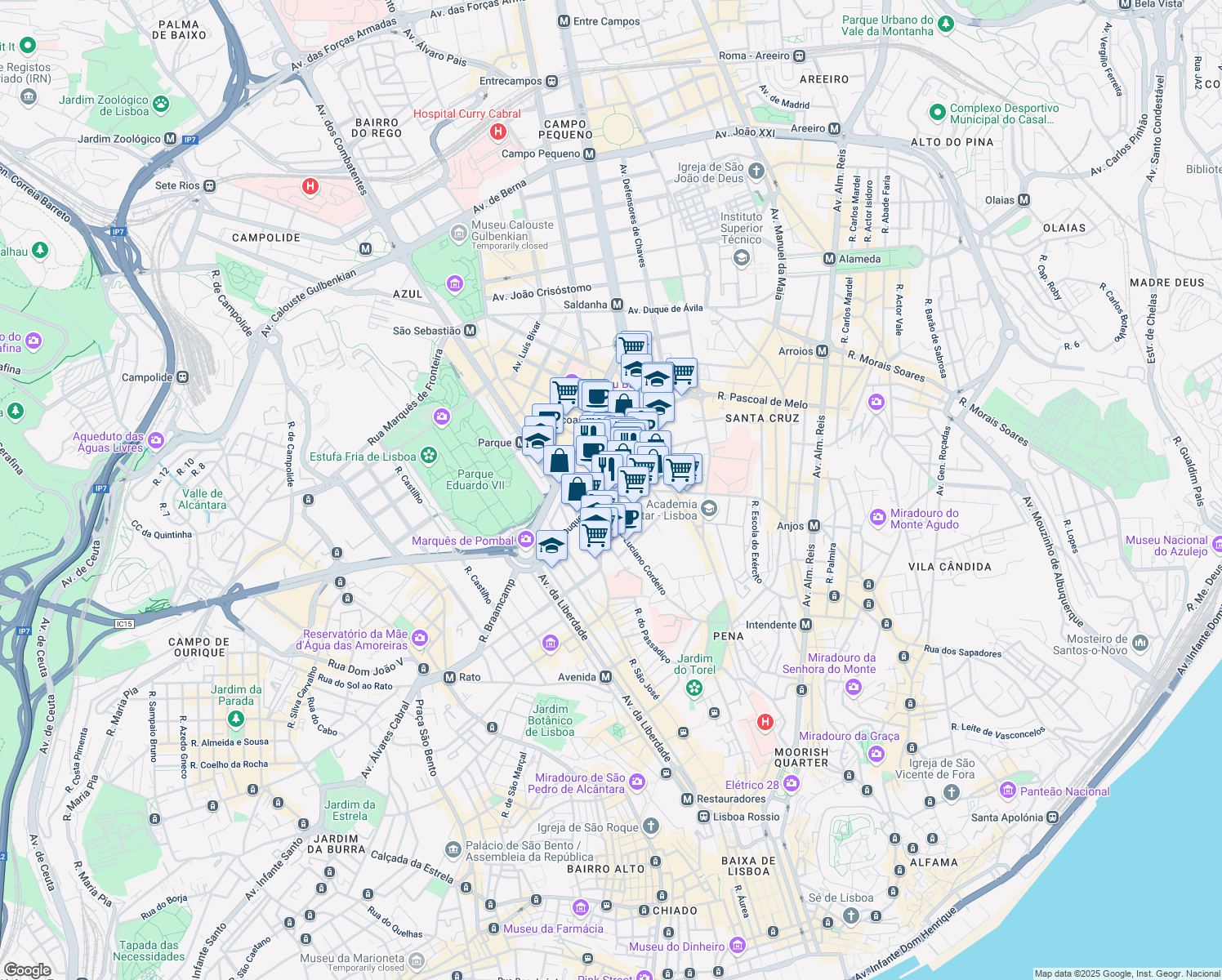 map of restaurants, bars, coffee shops, grocery stores, and more near in Lisbon