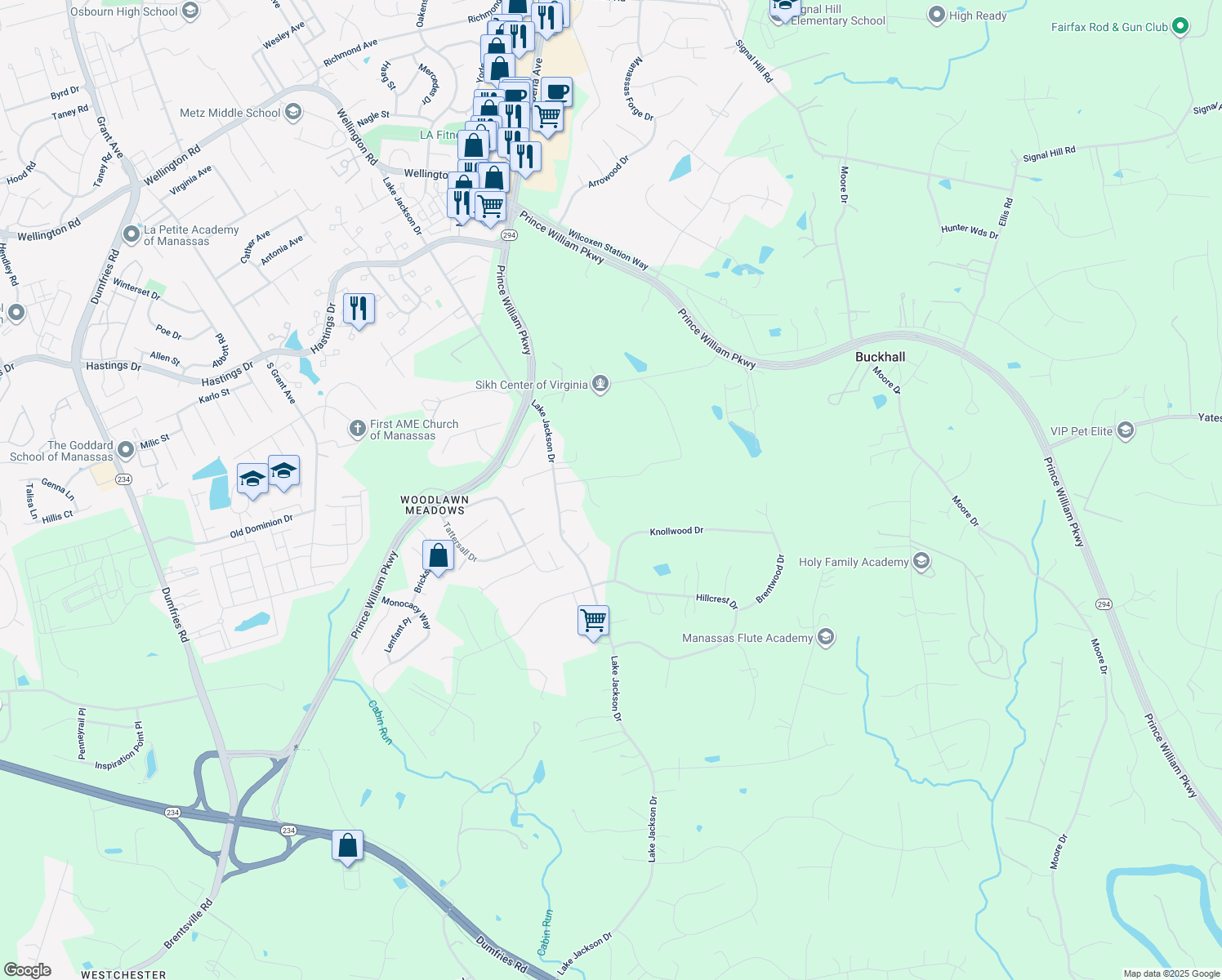 map of restaurants, bars, coffee shops, grocery stores, and more near 10323 Lake Jackson Drive in Manassas