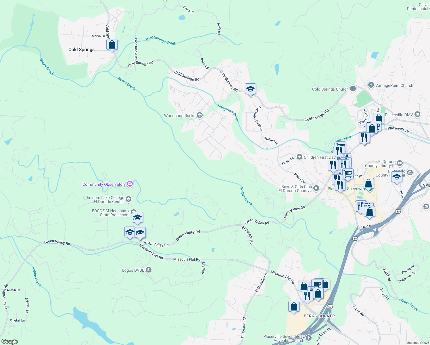 map of restaurants, bars, coffee shops, grocery stores, and more near 2801 Telemark Court in Placerville