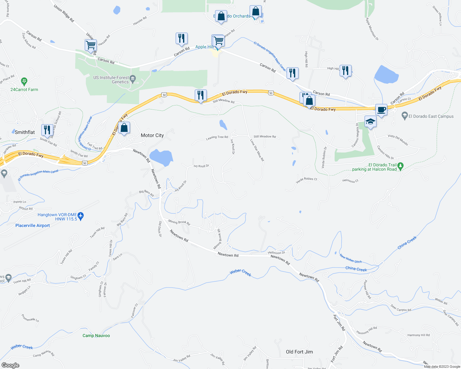 map of restaurants, bars, coffee shops, grocery stores, and more near 3231 Blue Rhapsody Lane in Placerville