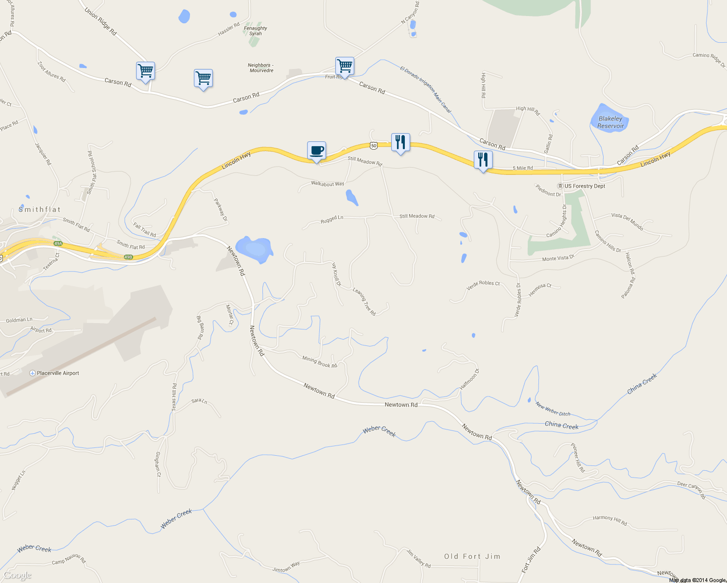 map of restaurants, bars, coffee shops, grocery stores, and more near 3261 Blue Rhapsody Ln. in Placerville