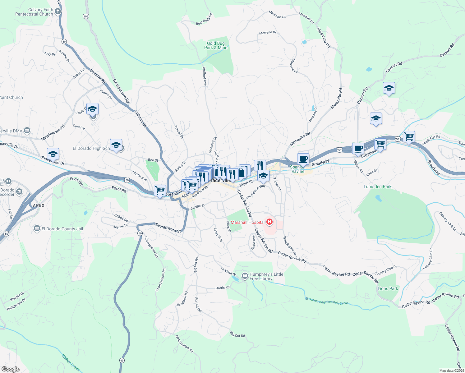 map of restaurants, bars, coffee shops, grocery stores, and more near 589 Main St in Placerville