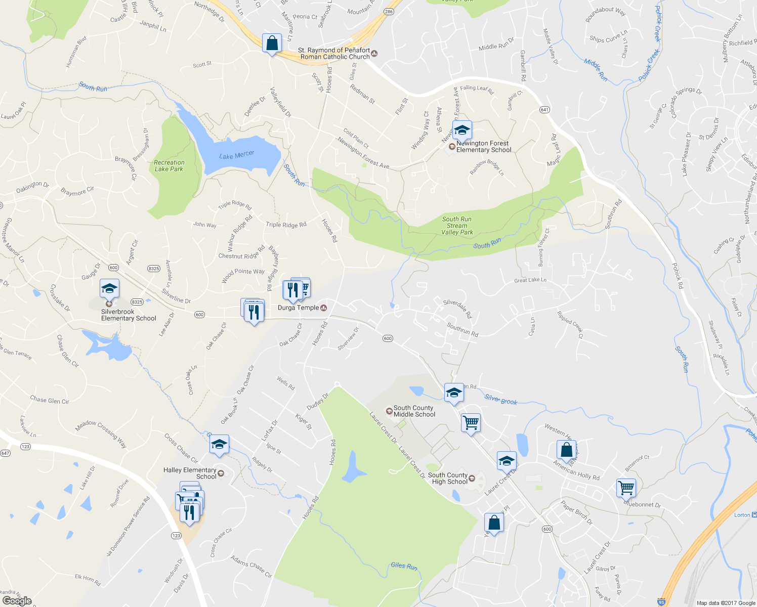 map of restaurants, bars, coffee shops, grocery stores, and more near 8720 Canaan Court in Lorton