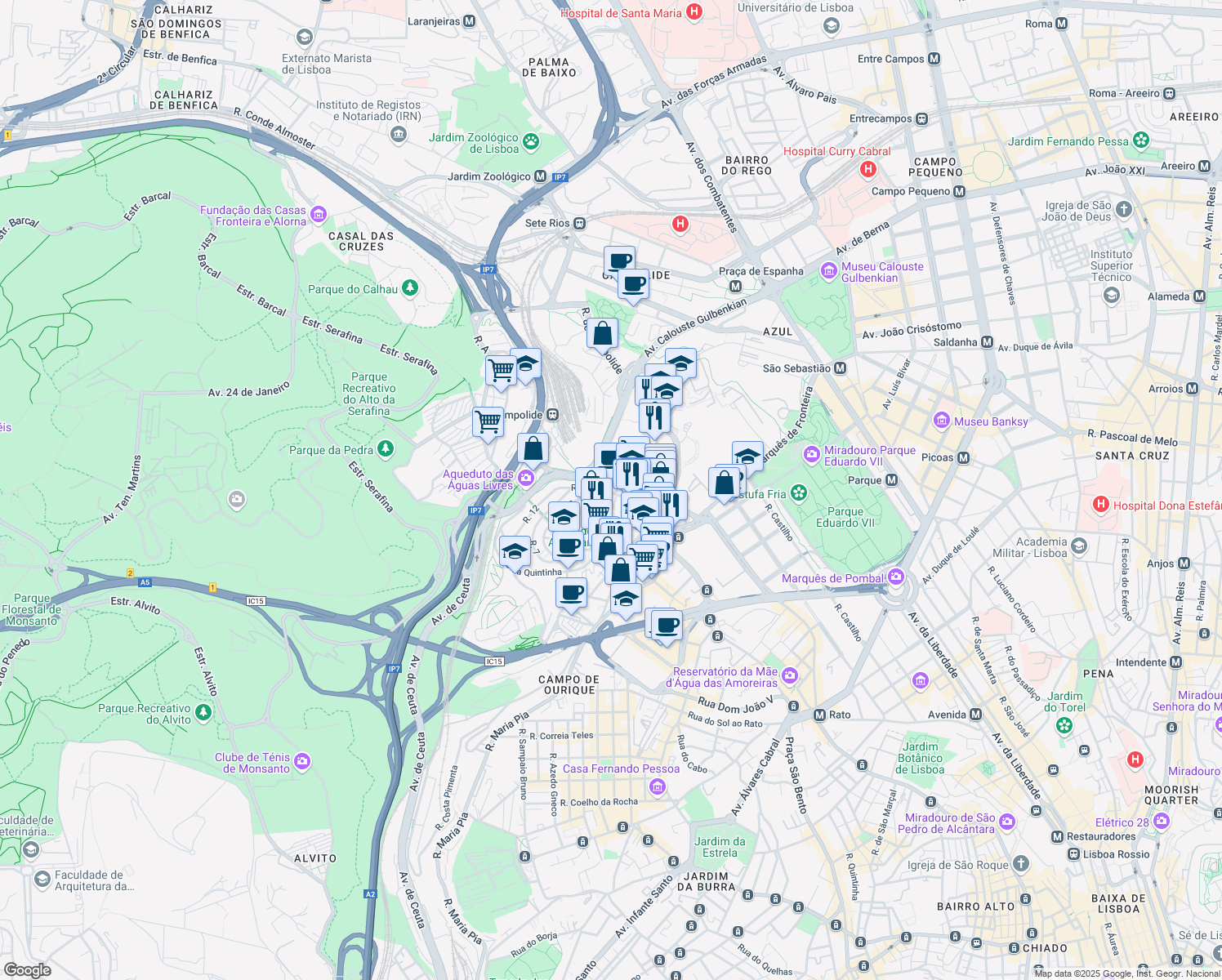 map of restaurants, bars, coffee shops, grocery stores, and more near 80 Rua General Taborda in Lisboa