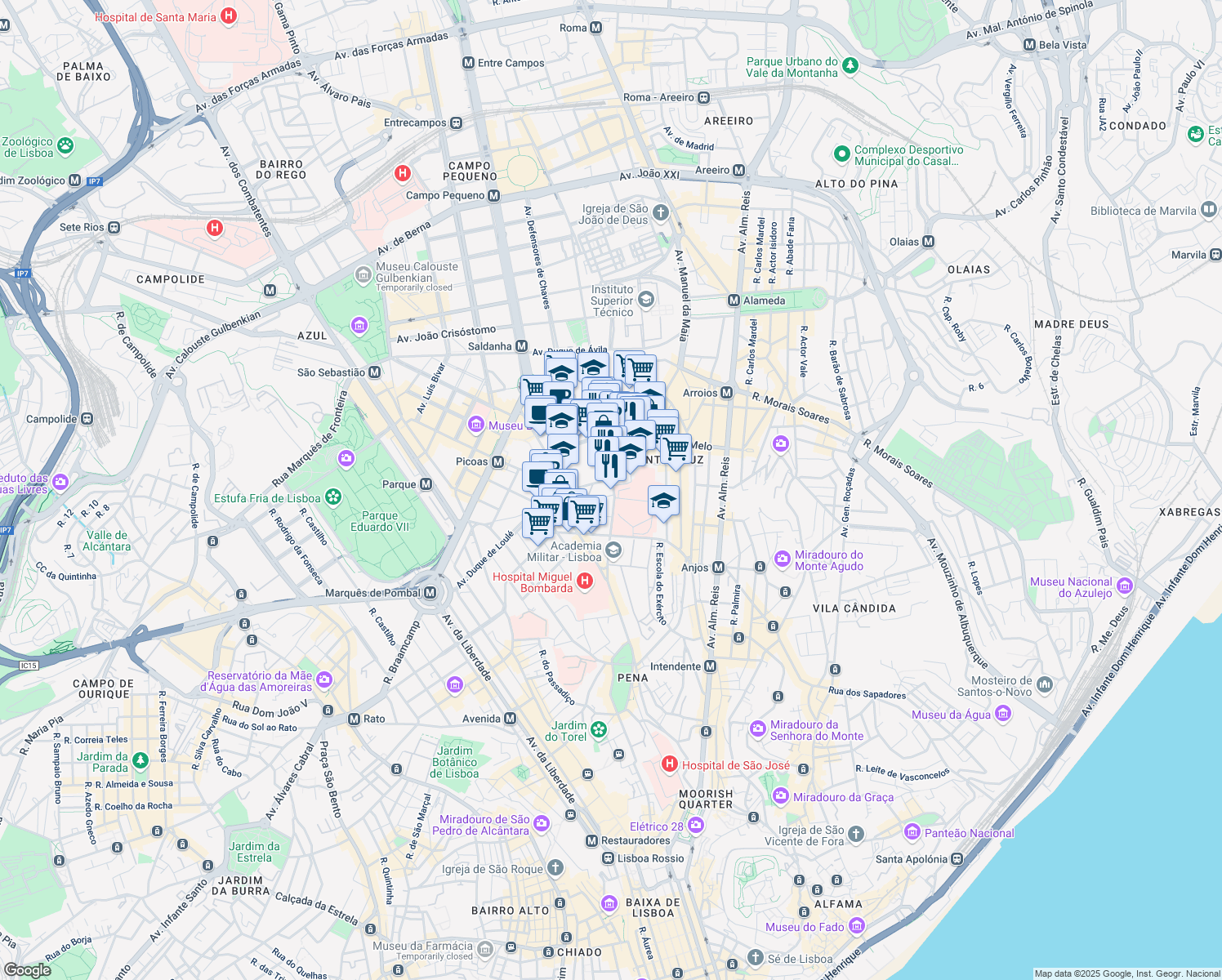 map of restaurants, bars, coffee shops, grocery stores, and more near 77 Rua Dona Estefânia in Lisboa